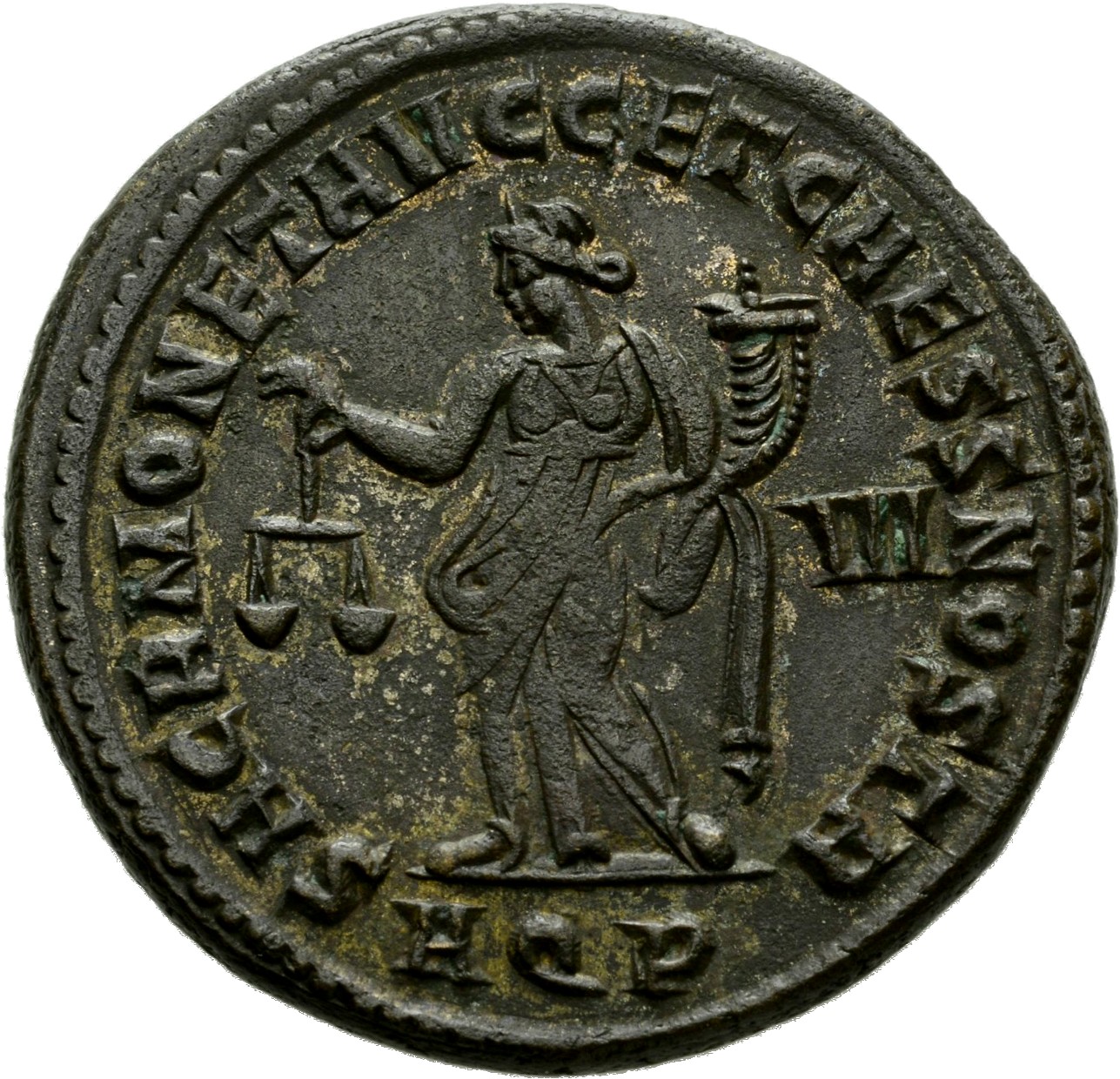 RIC VI Aquileia 35b Maximian reverse, Moneta, draped, standing left, holding scales in right hand and cornucopiae in left ...