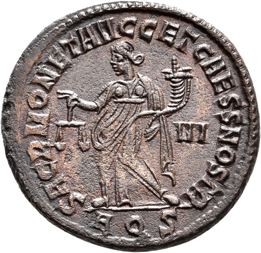 RIC VI Aquileia 35b Maximian reverse — Moneta, draped, standing left, holding scales in right hand and cornucopiae in left...