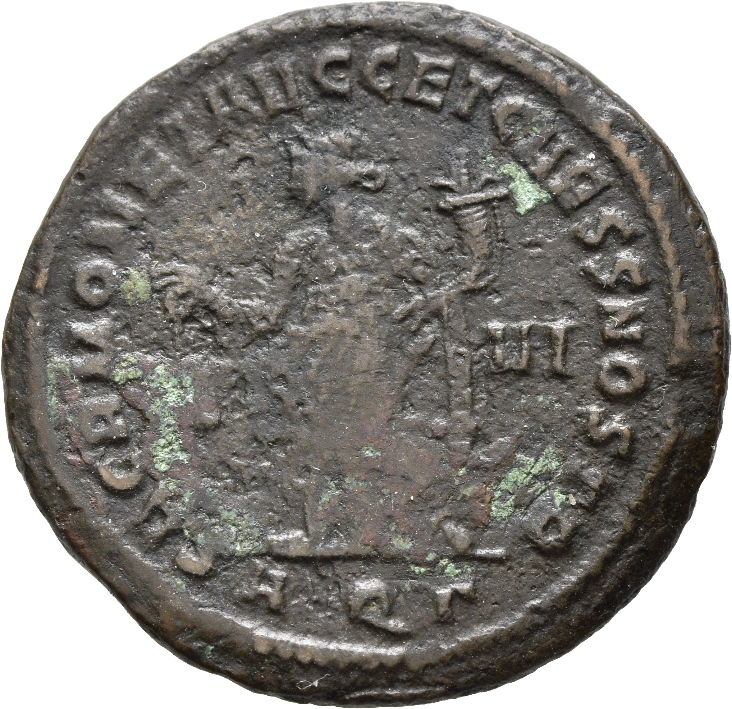 RIC VI Aquileia 36a Maximian reverse, Moneta, draped, standing left, holding scales in right hand and cornucopiae in left ...