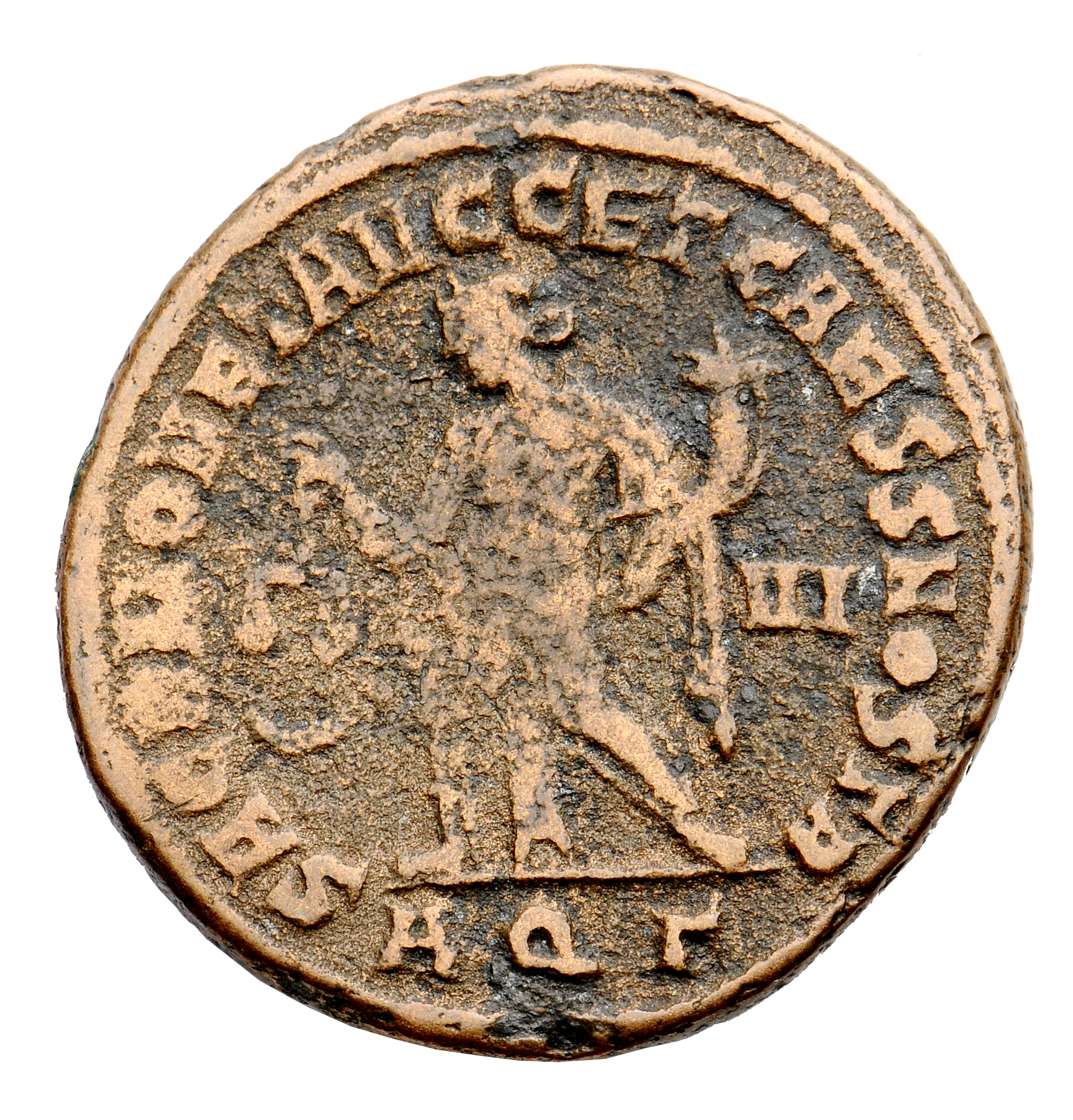 RIC VI Aquileia 36b Maximian reverse, Moneta, draped, standing left, holding scales in right hand and cornucopiae in left ...
