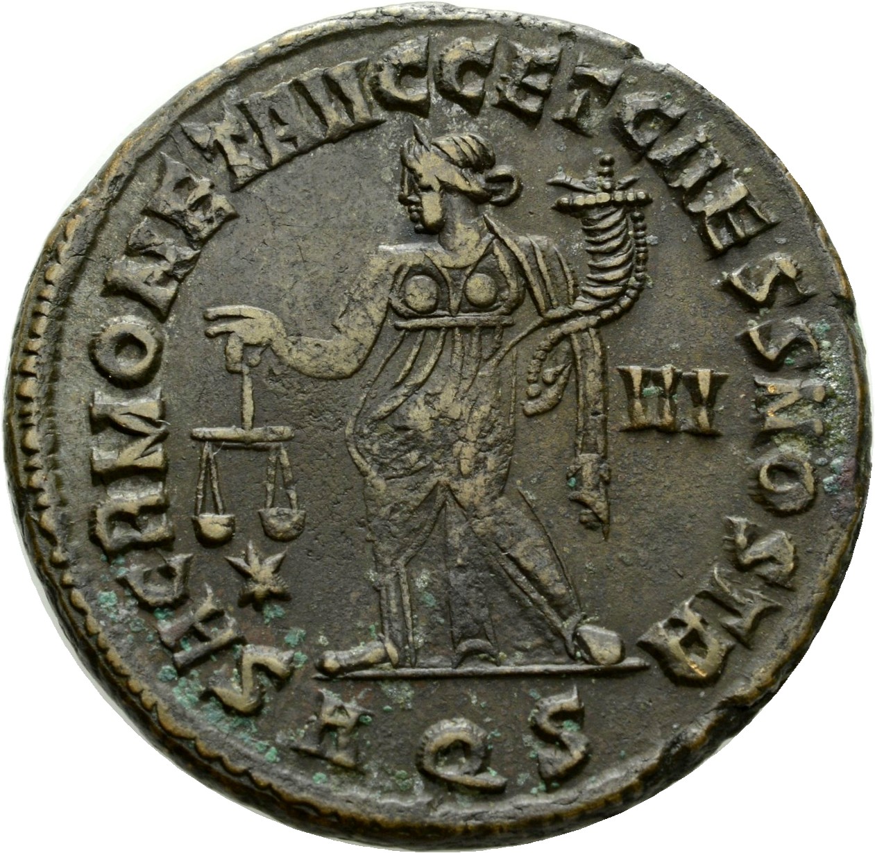 RIC VI Aquileia 37a Maximian reverse, Moneta, draped, standing left, holding scales in right hand and cornucopiae in left ...