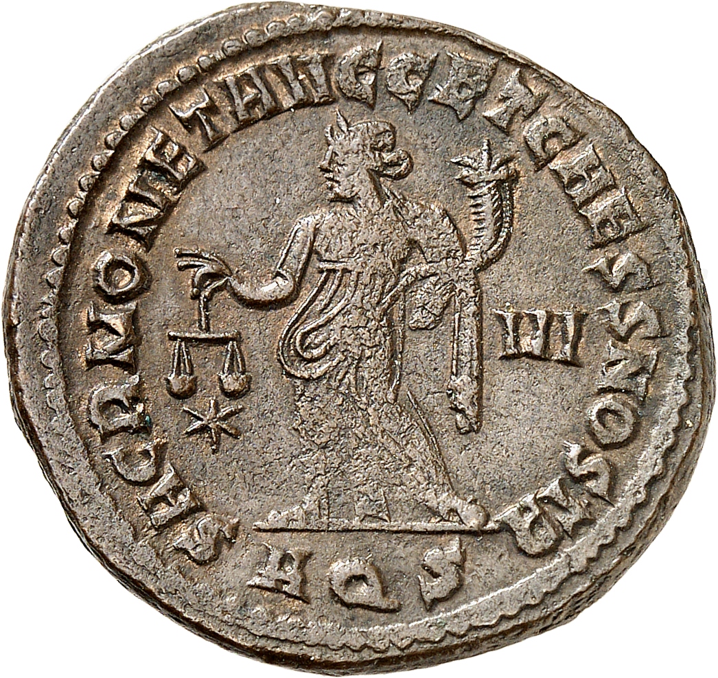 RIC VI Aquileia 37b Maximian reverse, Moneta, draped, standing left, holding scales in right hand and cornucopiae in left ...