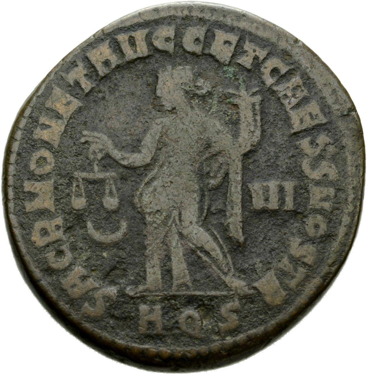 RIC VI Aquileia 39a Maximian reverse, Moneta, draped, standing left, holding scales in right hand and cornucopiae in left ...