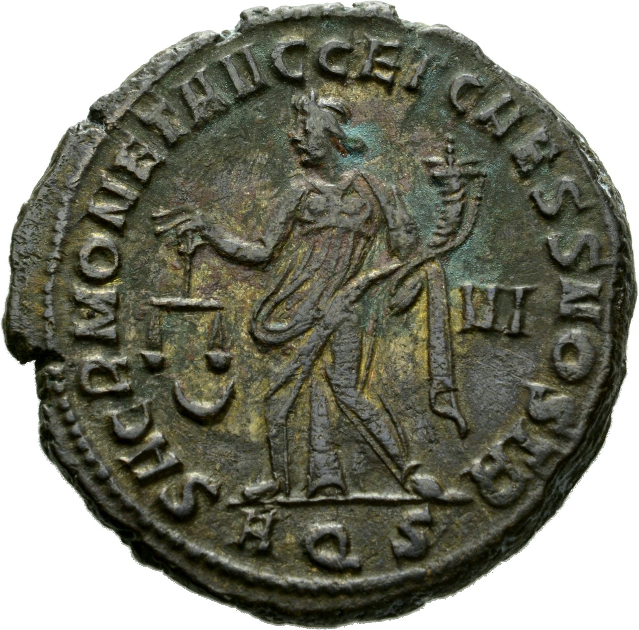 RIC VI Aquileia 39b Maximian reverse, Moneta, draped, standing left, holding scales in right hand and cornucopiae in left ...