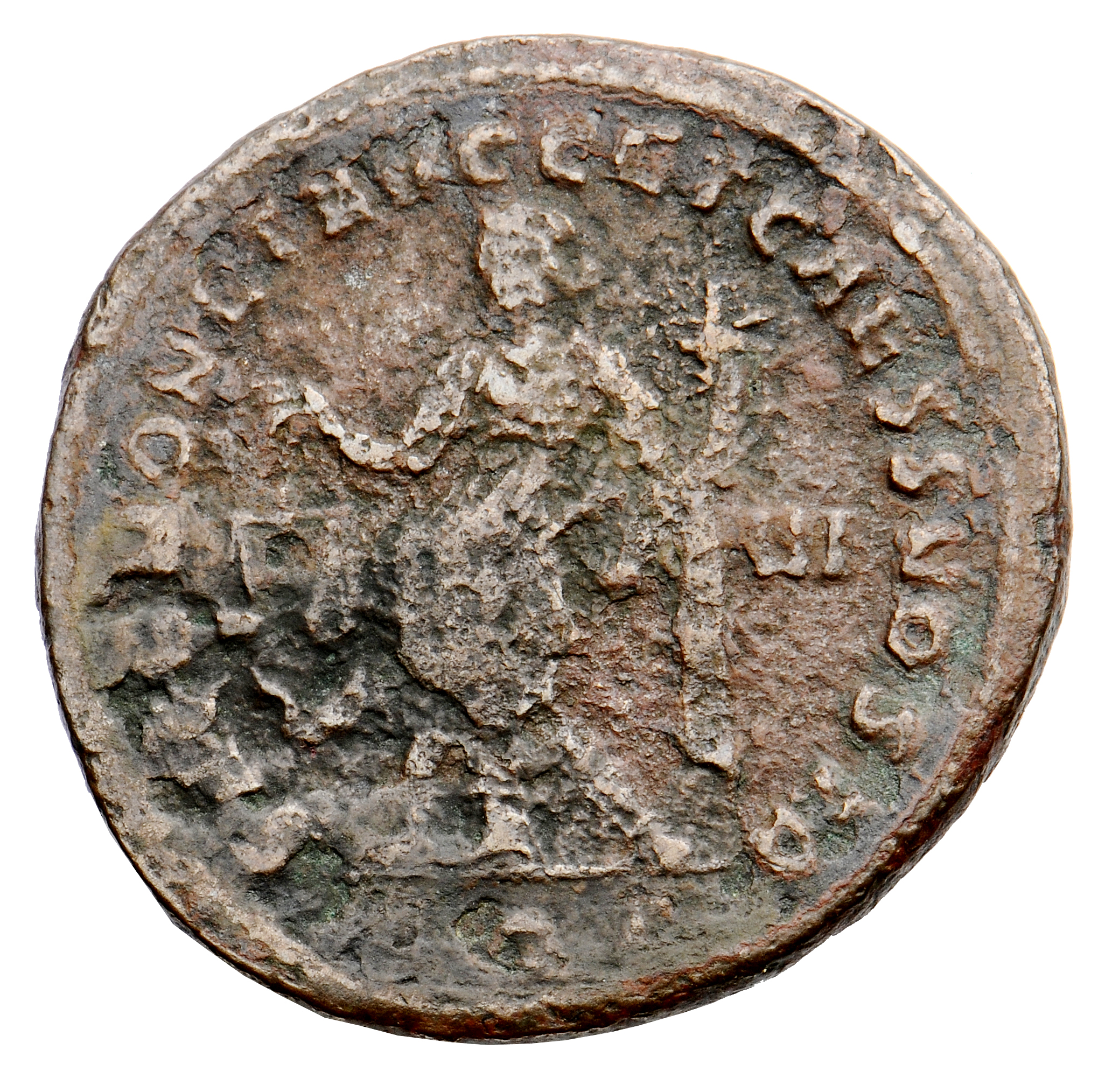 RIC VI Aquileia 40a Maximian reverse — Moneta, draped, standing left, holding scales in right hand and cornucopiae in left...