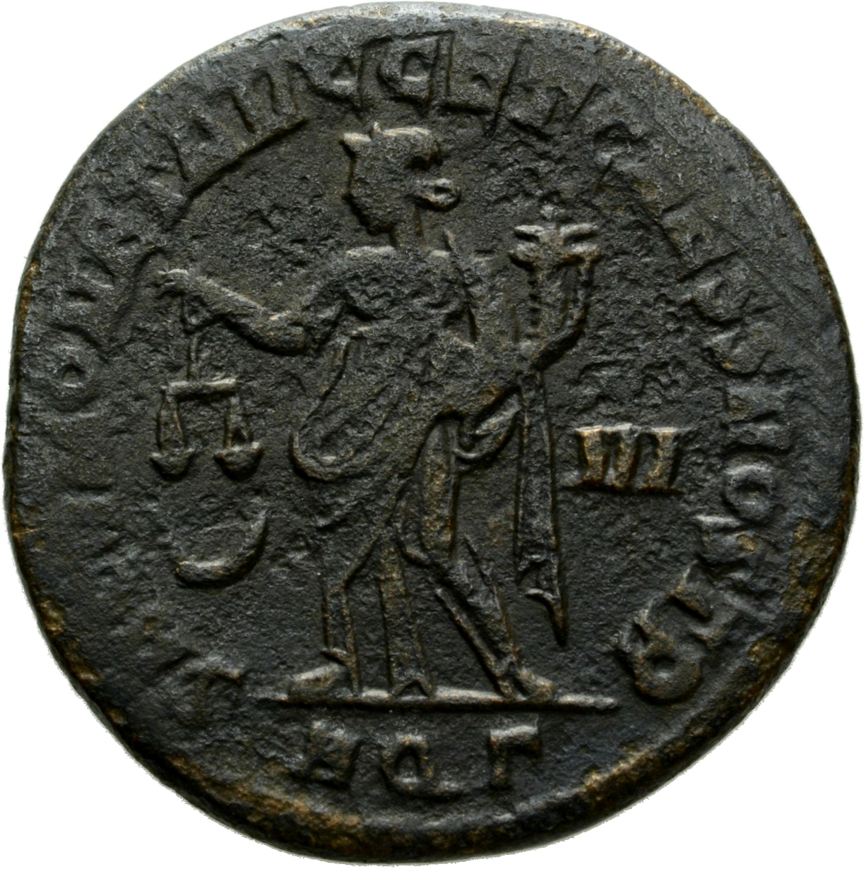 RIC VI Aquileia 40b Maximian reverse, Moneta, draped, standing left, holding scales in right hand and cornucopiae in left ...