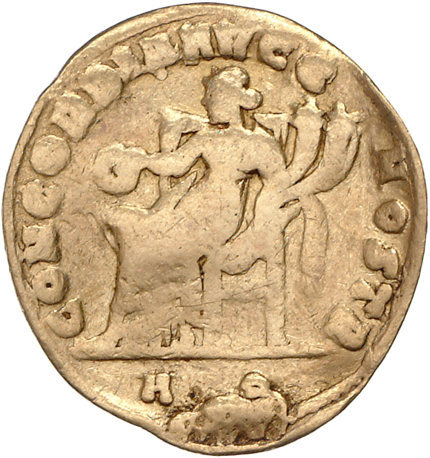 RIC VI Aquileia 41b Constantius Chlorus reverse, Concordia, draped, seated left on high-backed chair, holding patera in ri...