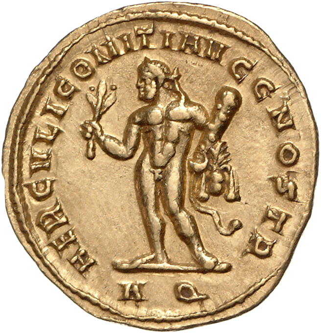 RIC VI Aquileia 46b Constantius Chlorus reverse, Hercules, standing front, head left, holding branch in right hand and clu...