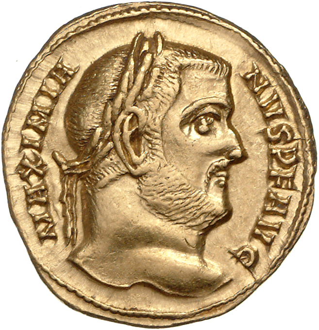 RIC VI Aquileia 46b Constantius Chlorus obverse, Head of Galerius, laureate, right