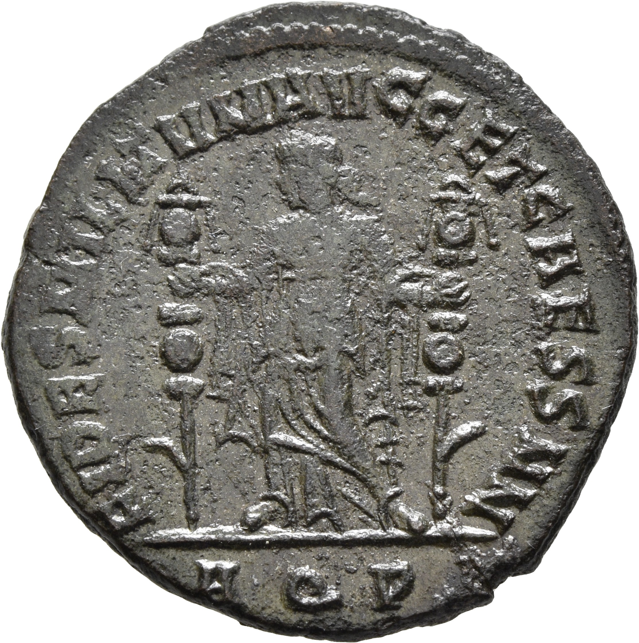 RIC VI Aquileia 60b Constantius Chlorus reverse — Fides, draped, standing front, head left, holding standard in each hand