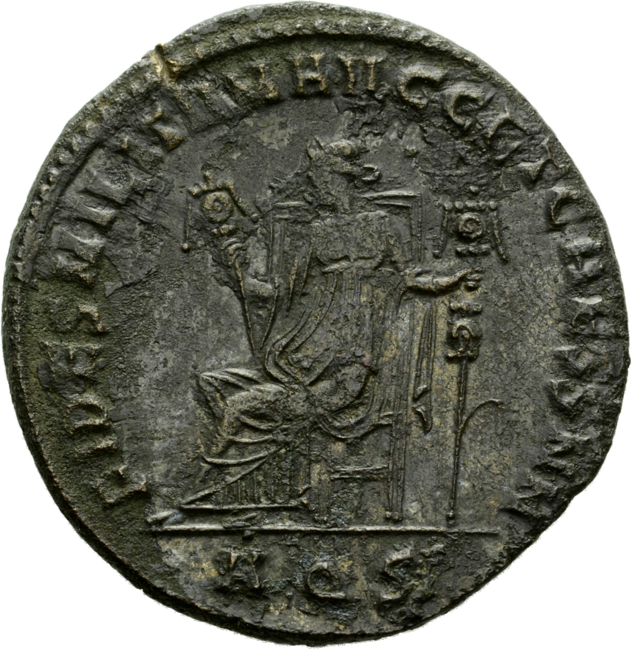 RIC VI Aquileia 62a Constantius Chlorus reverse, Fides, draped, seated left, holding standard in each hand