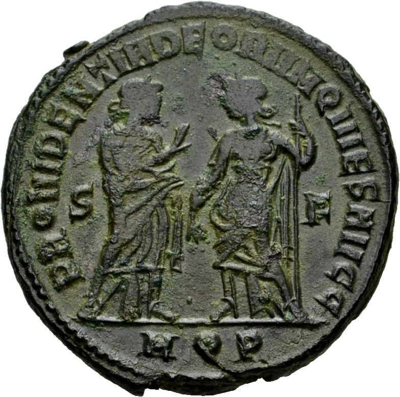 RIC VI Aquileia 64a Constantius Chlorus reverse, Providentia, draped, standing right, extending right hand to Quies; Quies...
