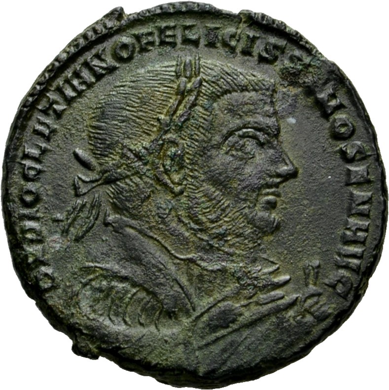 RIC VI Aquileia 64a Constantius Chlorus obverse — Bust of Diocletian, laureate, wearing imperial mantle, right, holding ol...