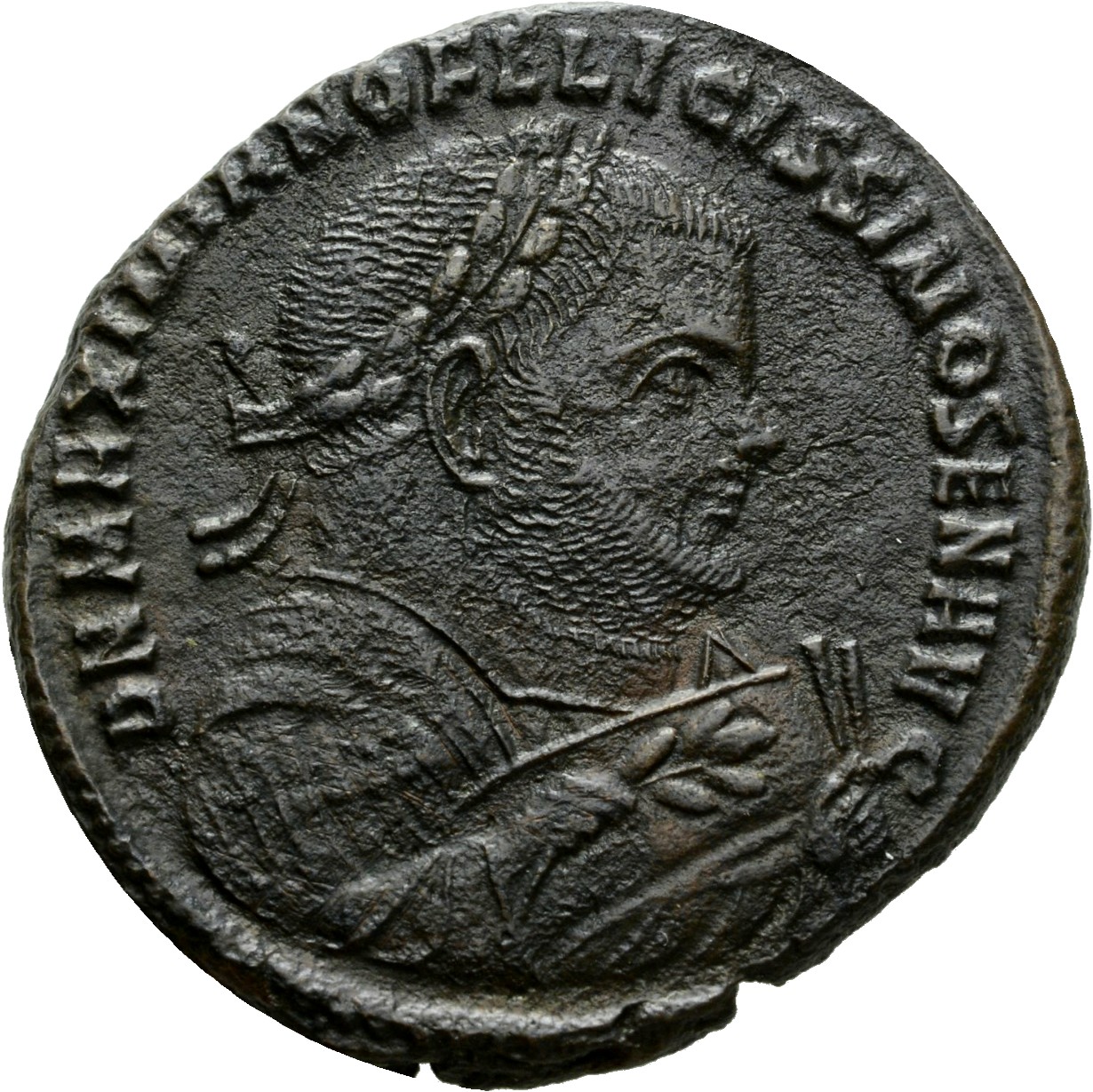 RIC VI Aquileia 64b Constantius Chlorus obverse, Bust of Maximian, laureate, wearing imperial mantle, right, holding olive...