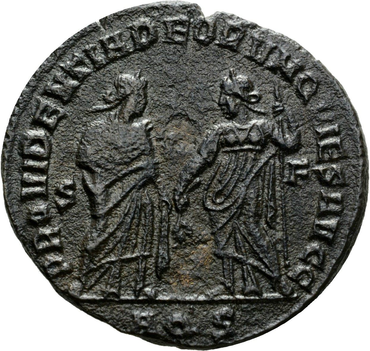 RIC VI Aquileia 64b Constantius Chlorus reverse, Providentia, draped, standing right, extending right hand to Quies; Quies...