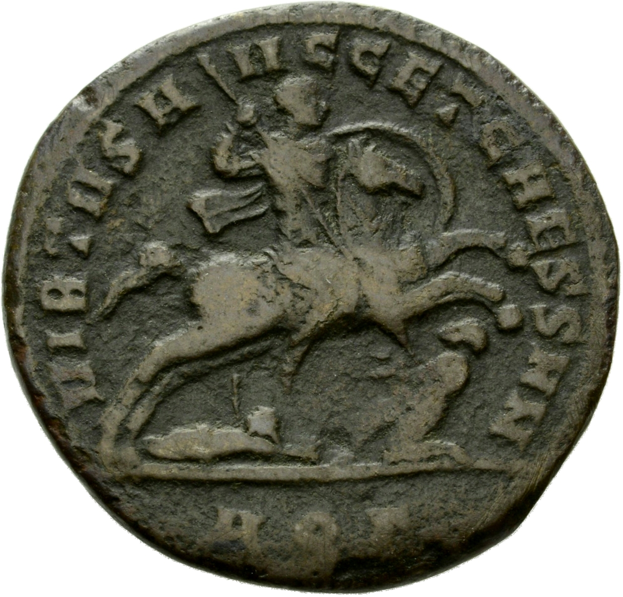 RIC VI Aquileia 68a Constantius Chlorus reverse, Severus II, draped, cuirassed, galloping right, spearing kneeling enemy w...