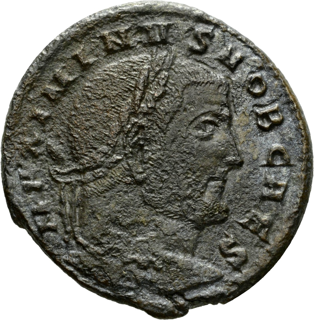 RIC VI Aquileia 70b Constantius Chlorus obverse, Head of Maximinus Daia, laureate, right