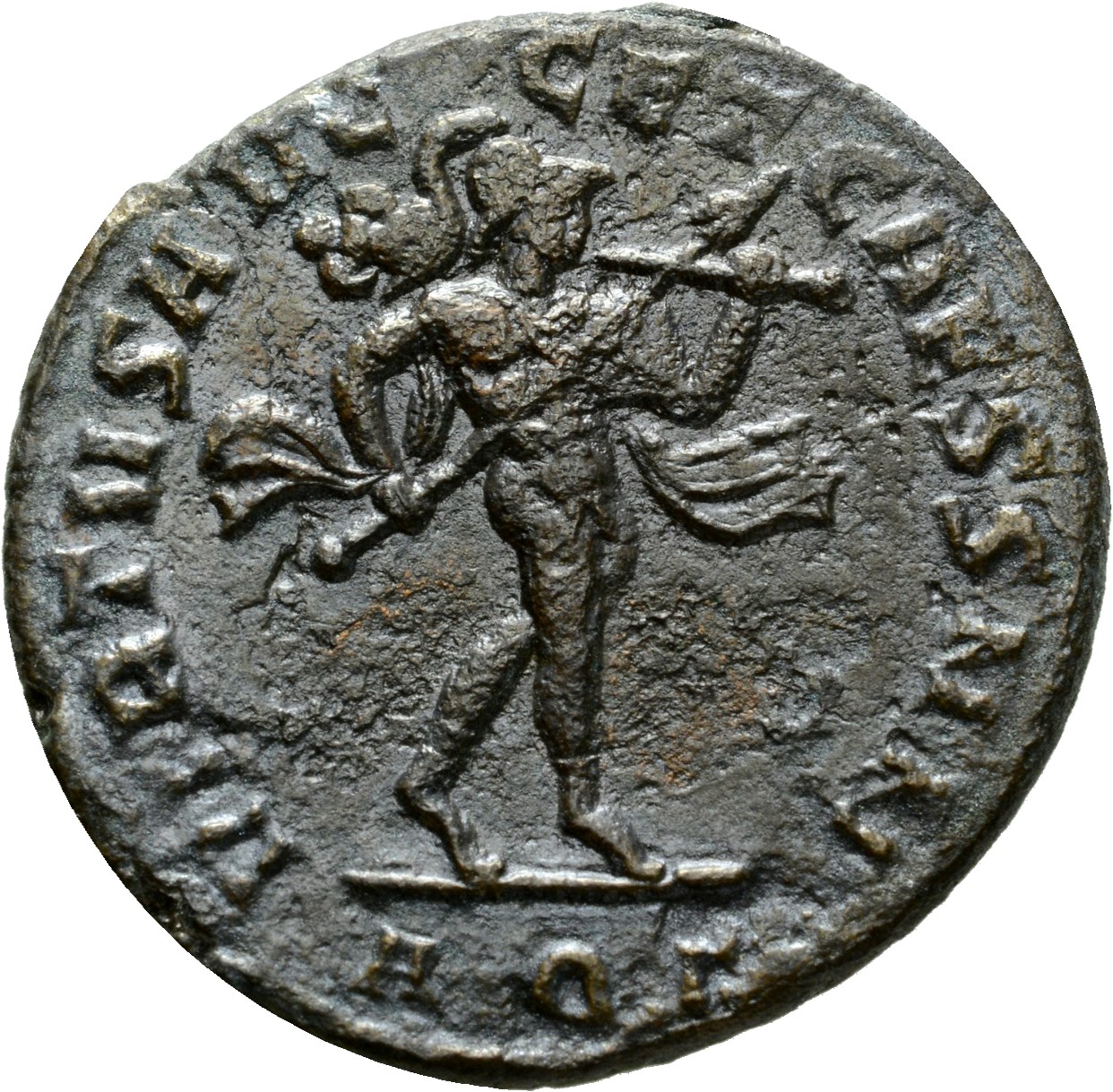 RIC VI Aquileia 70b Constantius Chlorus reverse, Mars, helmeted, advancing right, holding transverse spear in right hand a...