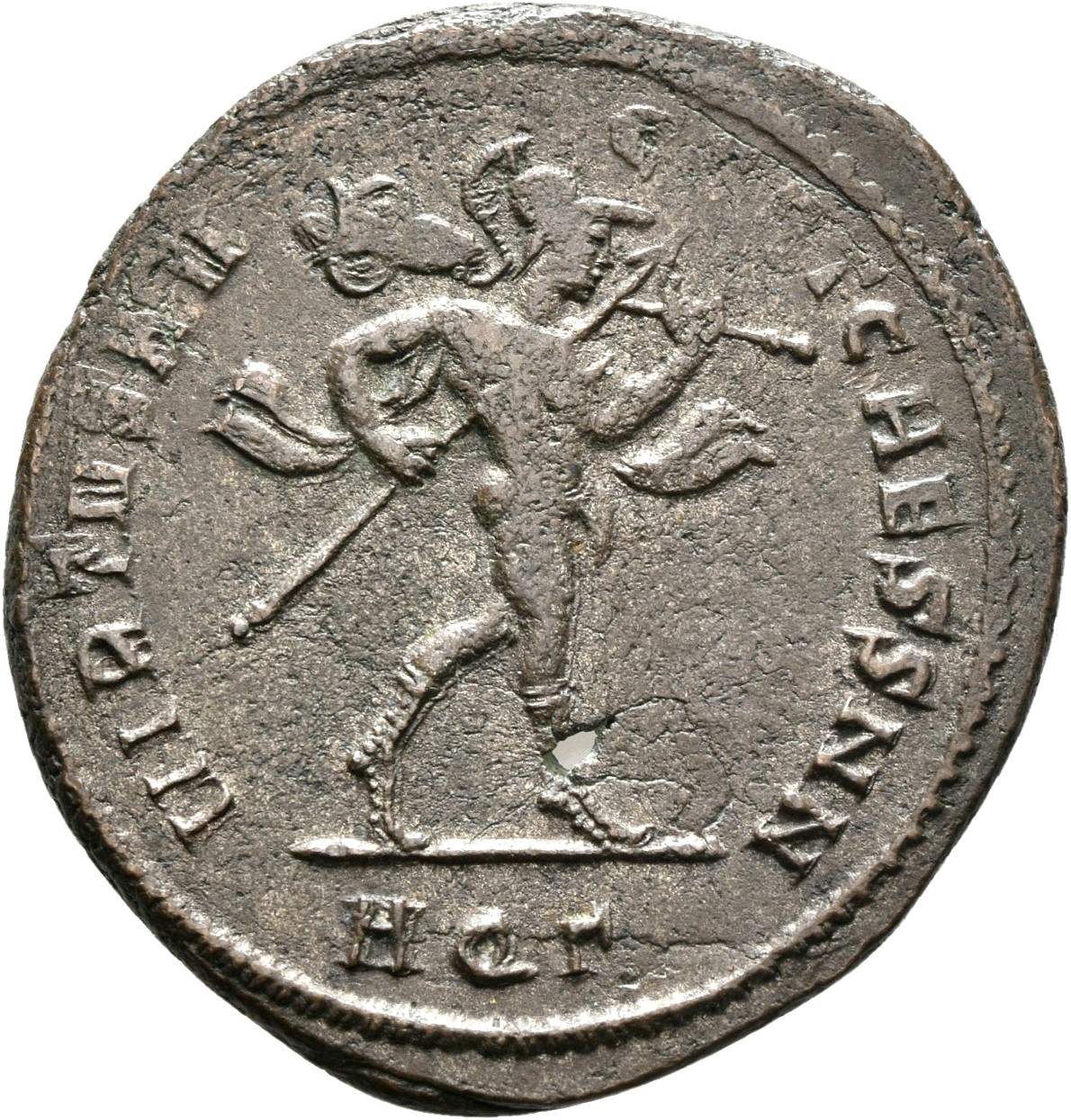 RIC VI Aquileia 70b Constantius Chlorus reverse — Mars, helmeted, advancing right, holding transverse spear in right hand ...