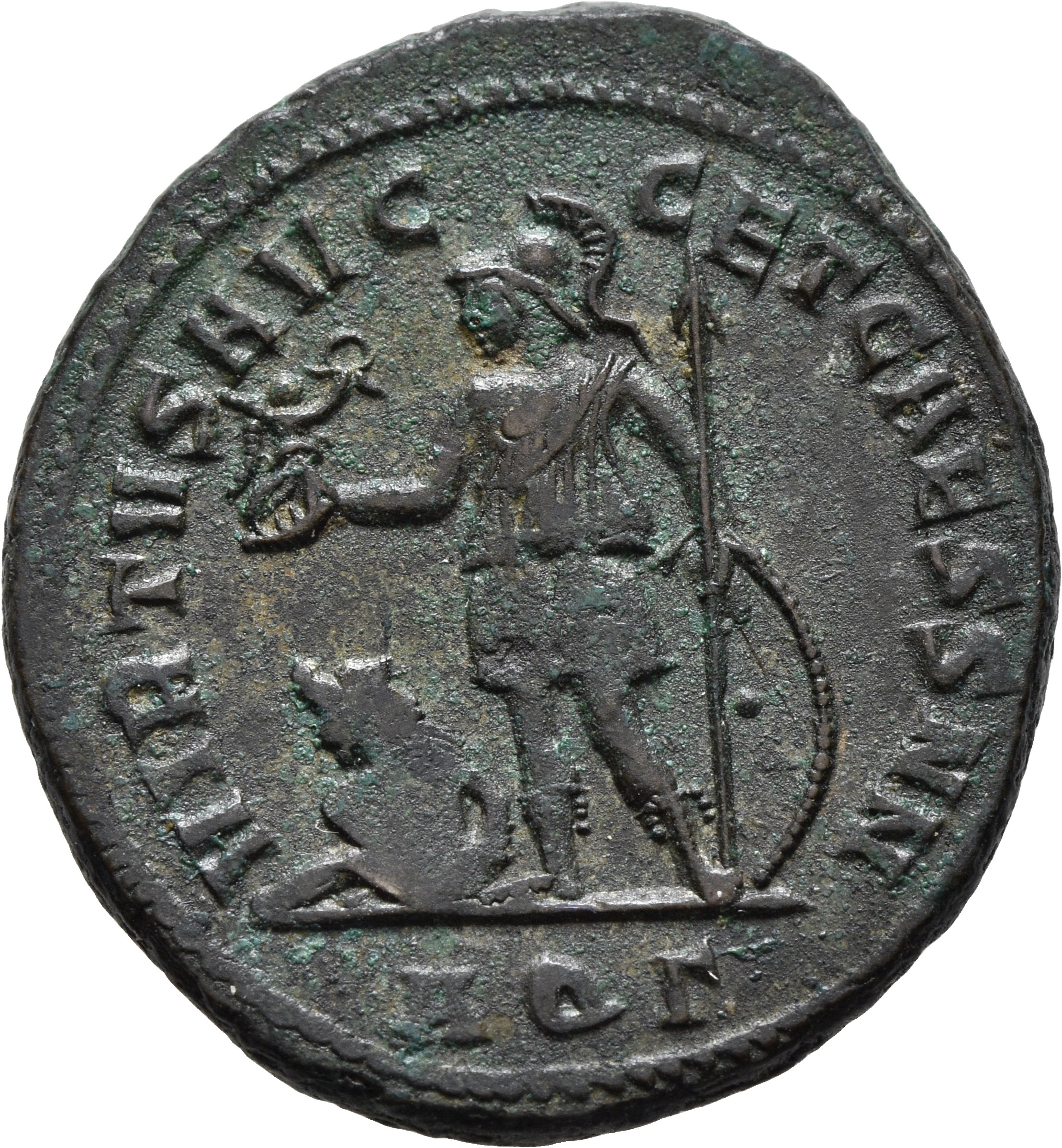 RIC VI Aquileia 72a Constantius Chlorus reverse, Severus II, draped, cuirassed, standing front, head left, holding up smal...