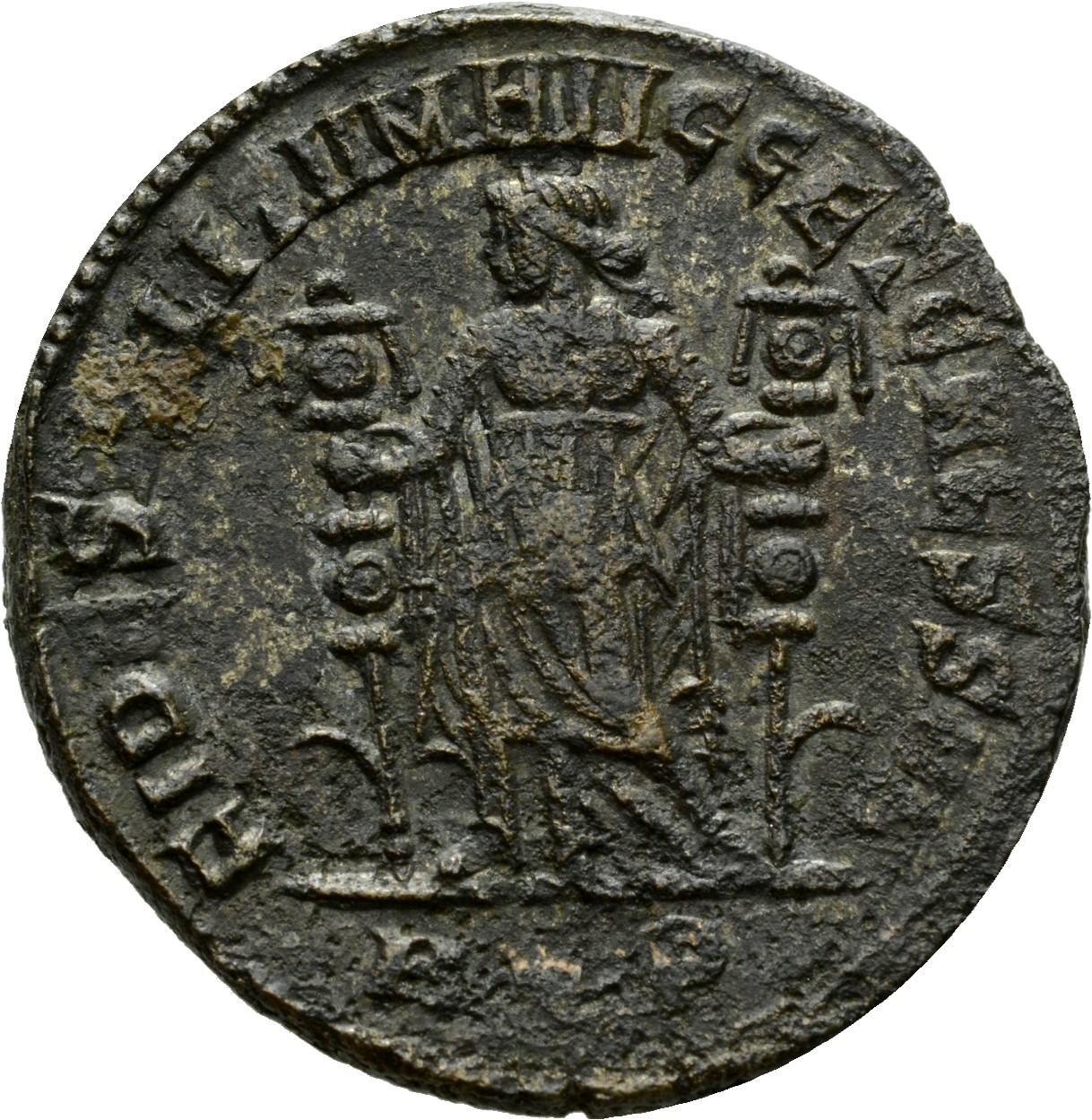 RIC VI Aquileia 76a Severus II reverse, Fides, draped, standing front, head left, holding standard in each hand
