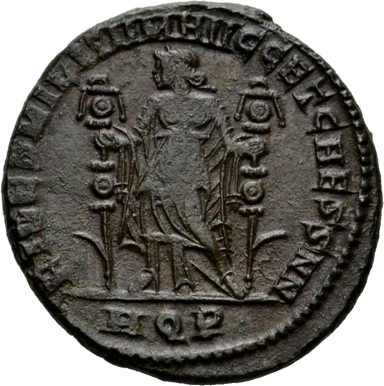 RIC VI Aquileia 76a Severus II reverse — Fides, draped, standing front, head left, holding standard in each hand