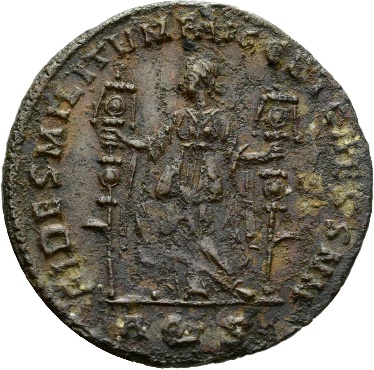 RIC VI Aquileia 76b Severus II reverse, Fides, draped, standing front, head left, holding standard in each hand