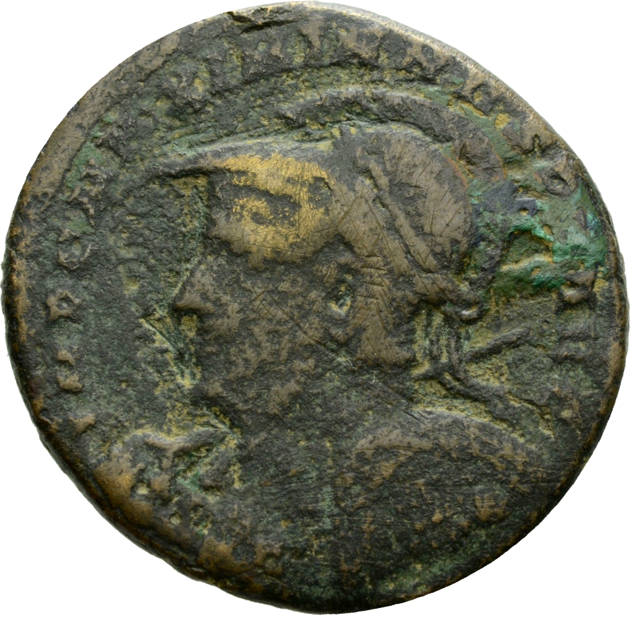 RIC VI Aquileia 77a Severus II obverse, Bust of Galerius, laureate, helmeted, cuirassed, left, holding spear (or sceptre) ...