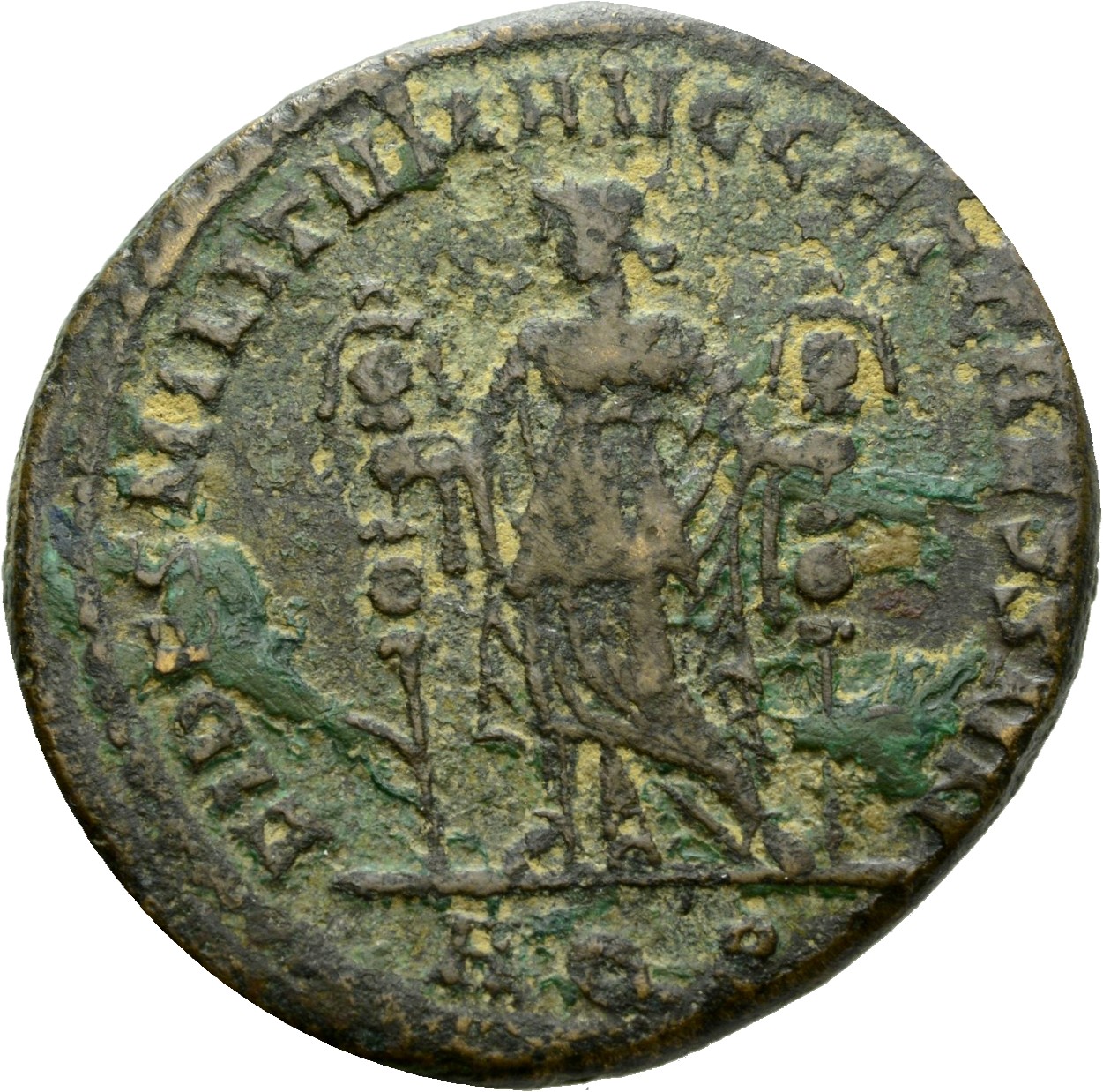 RIC VI Aquileia 77a Severus II reverse, Fides, draped, standing front, head left, holding standard in each hand