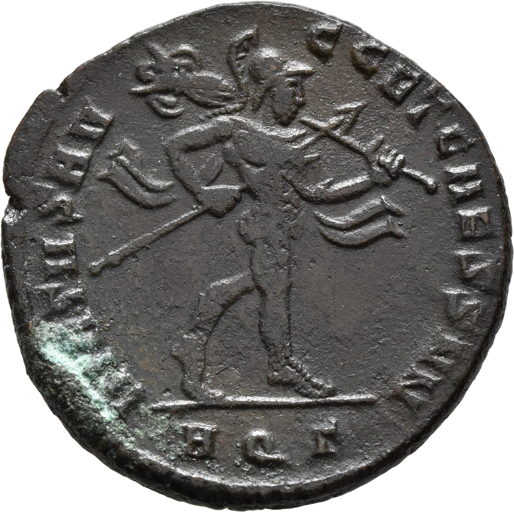 RIC VI Aquileia 92b Severus II reverse, Mars, helmeted, advancing right, holding transverse spear in right hand and trophy...