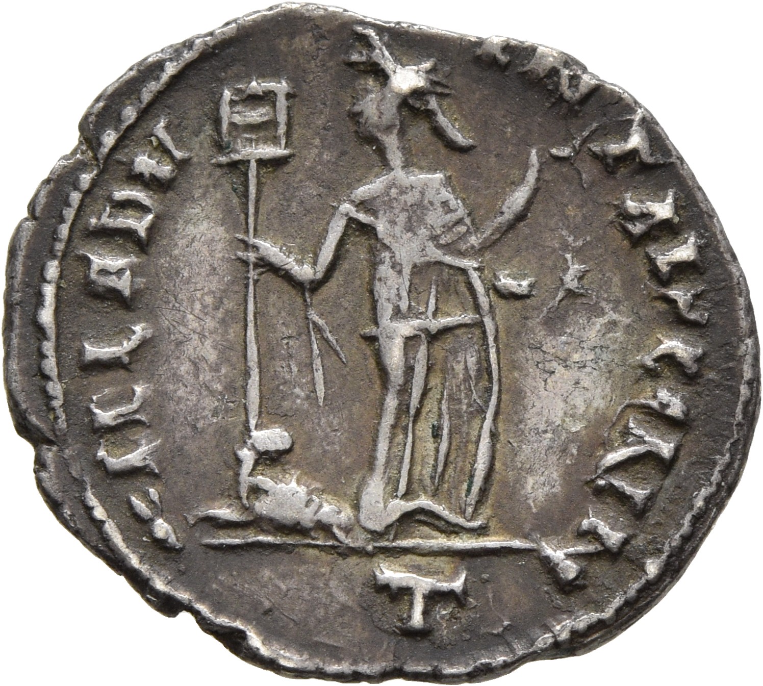 RIC VI Carthage 11b Maximian reverse — Africa, wearing elephant-skin head-dress, draped, standing front, head left, holdin...