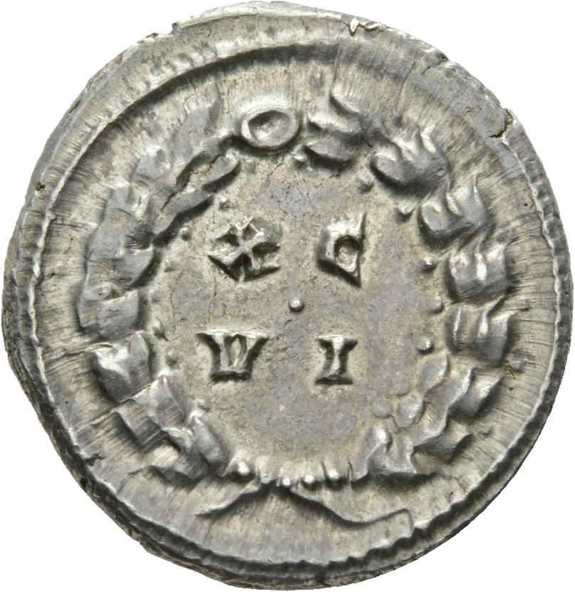 RIC VI Carthage 15b Maximian reverse — XC / VI within a wreath