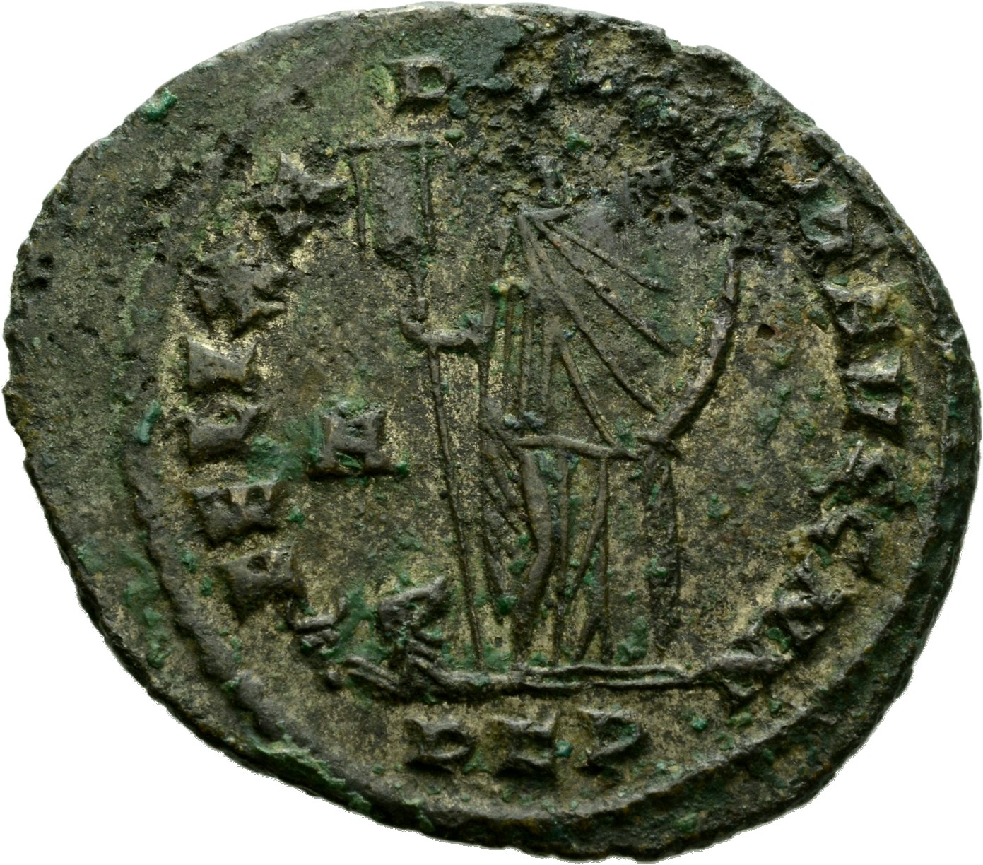RIC VI Carthage 21a Maximian reverse, Africa, wearing elephant-skin head-dress, draped, standing front, head left, holding...