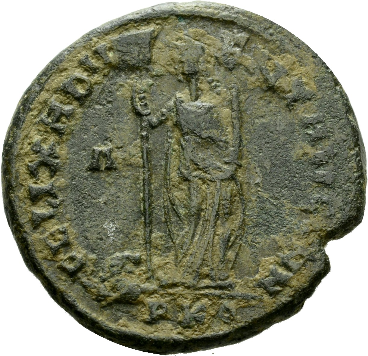 RIC VI Carthage 22b Maximian reverse, Africa, wearing elephant-skin head-dress, draped, standing front, head left, holding...