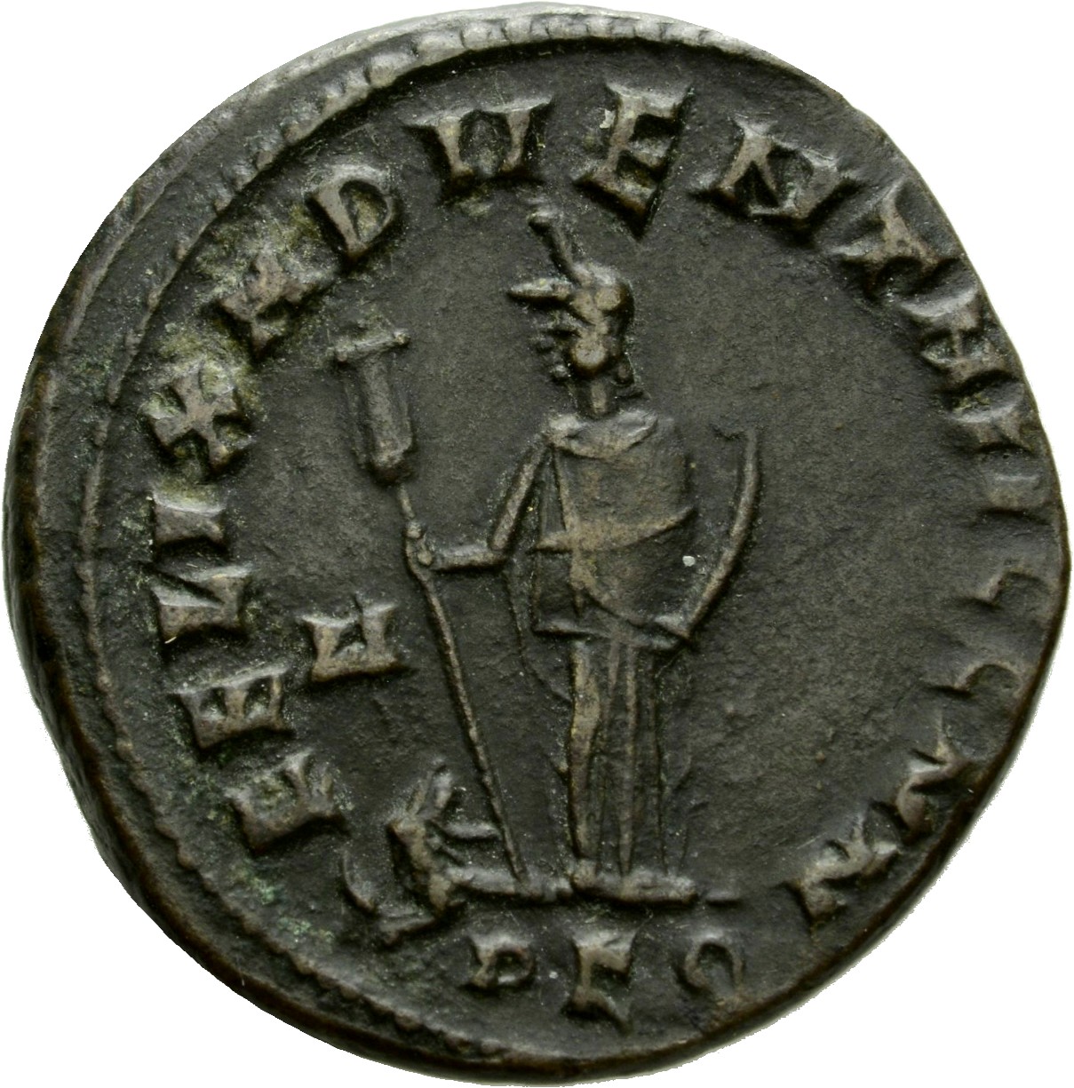 RIC VI Carthage 22b Maximian reverse — Africa, wearing elephant-skin head-dress, draped, standing front, head left, holdin...