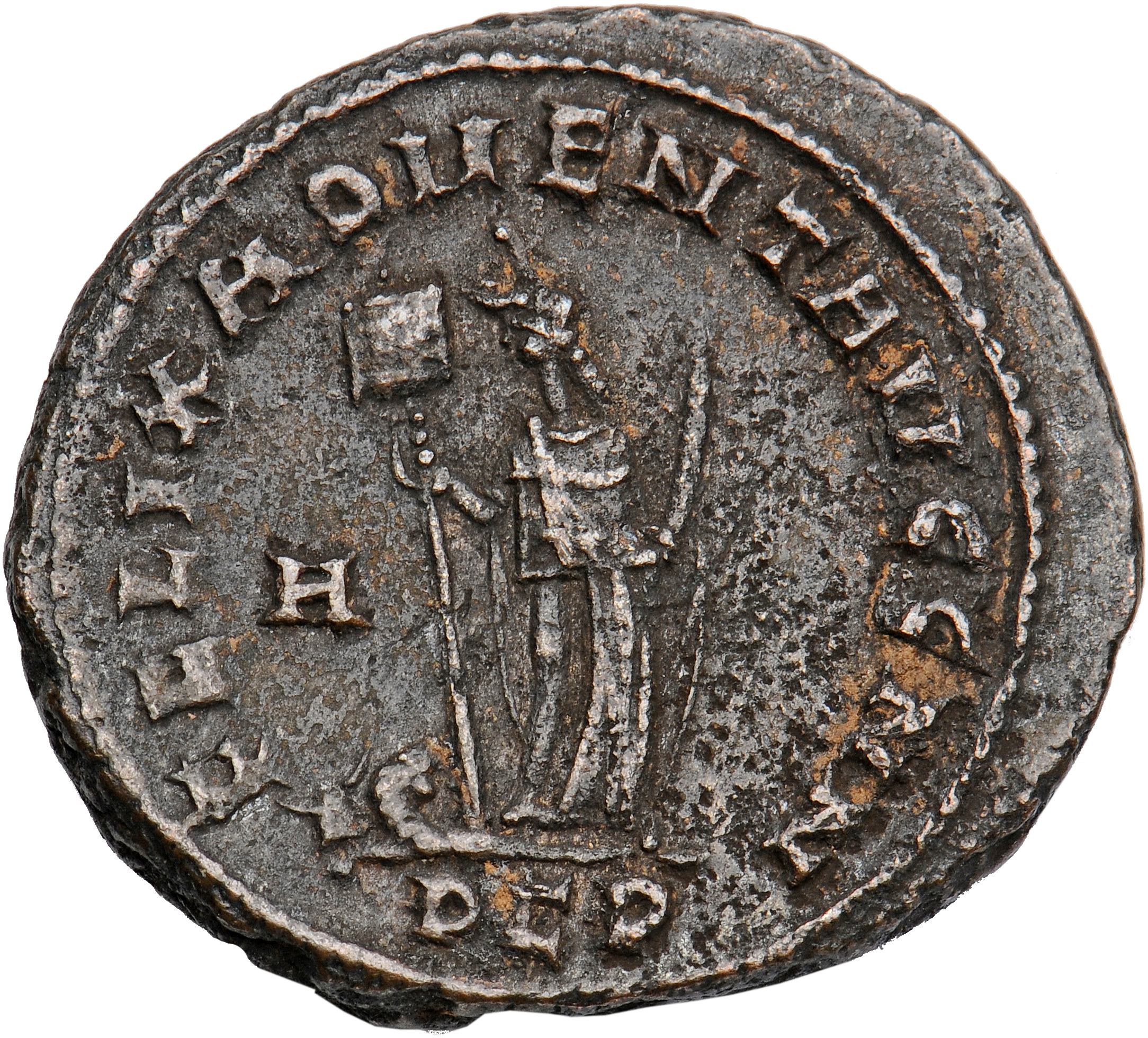 RIC VI Carthage 23a Maximian reverse, Africa, wearing elephant-skin head-dress, draped, standing front, head left, holding...
