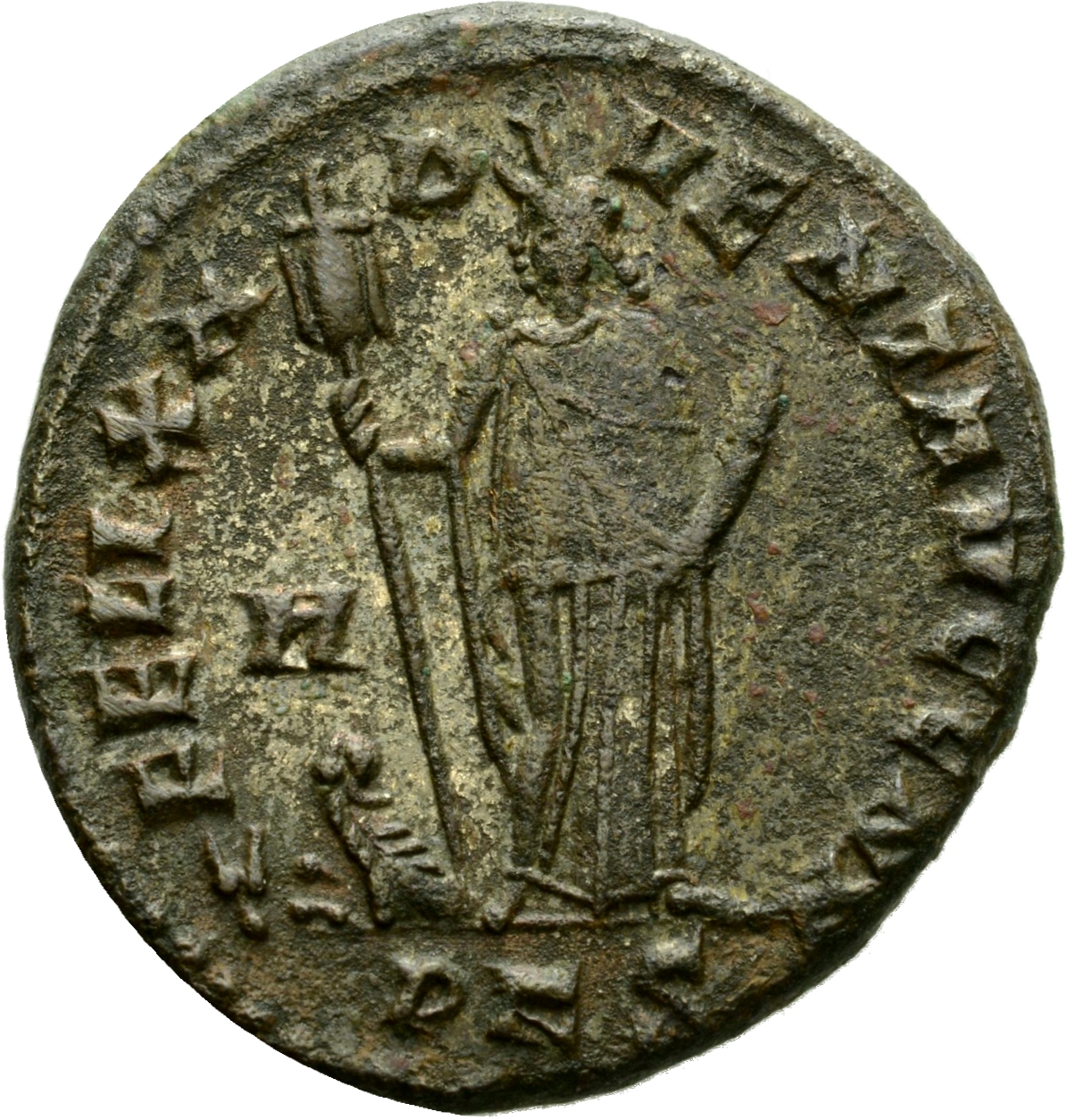 RIC VI Carthage 23b Maximian reverse, Africa, wearing elephant-skin head-dress, draped, standing front, head left, holding...