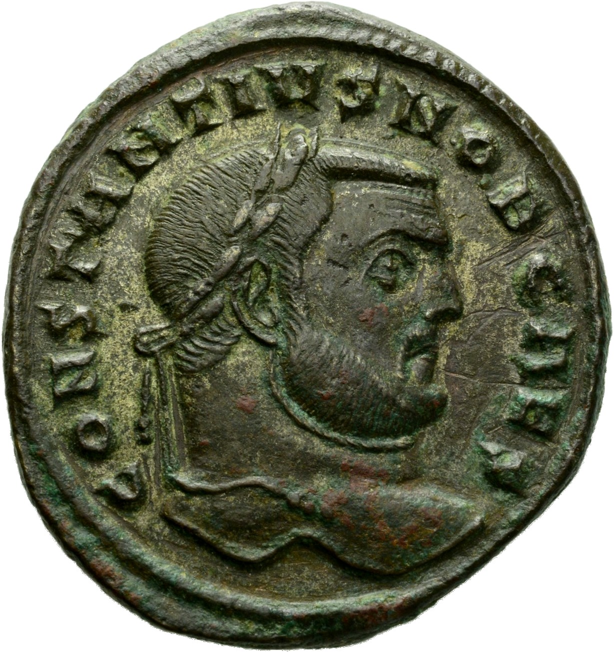 RIC VI Carthage 24a Maximian obverse, Head of Constantius Chlorus, laureate, right