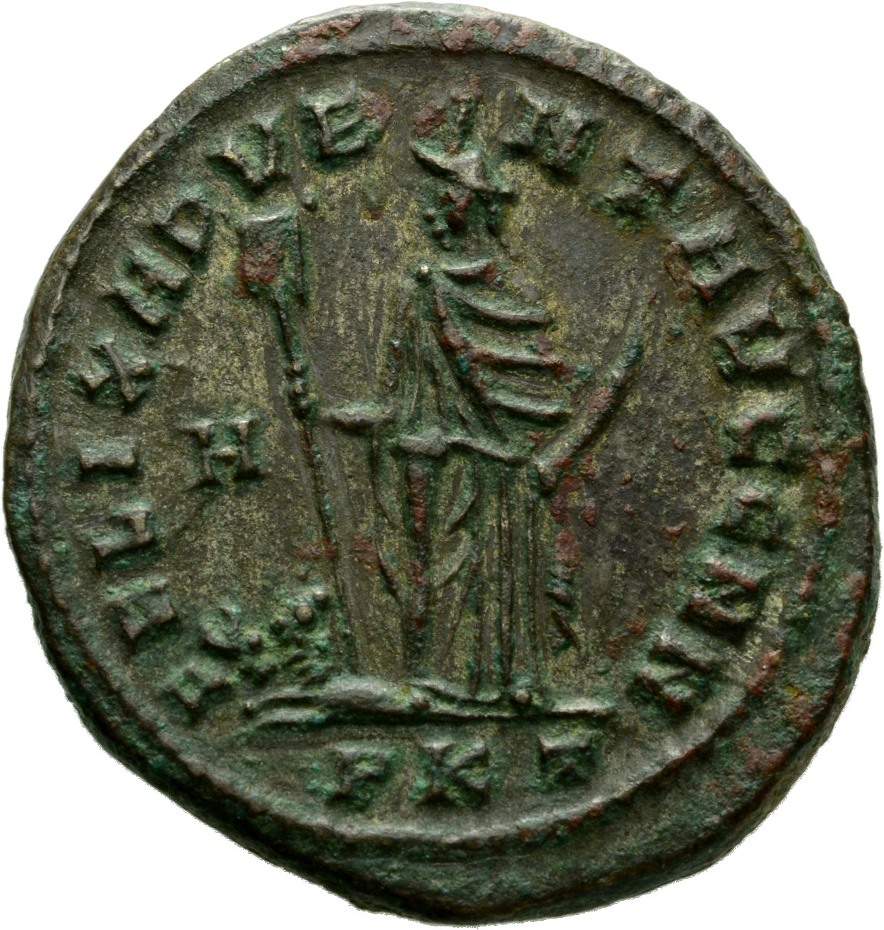 RIC VI Carthage 24a Maximian reverse, Africa, wearing elephant-skin head-dress, draped, standing front, head left, holding...