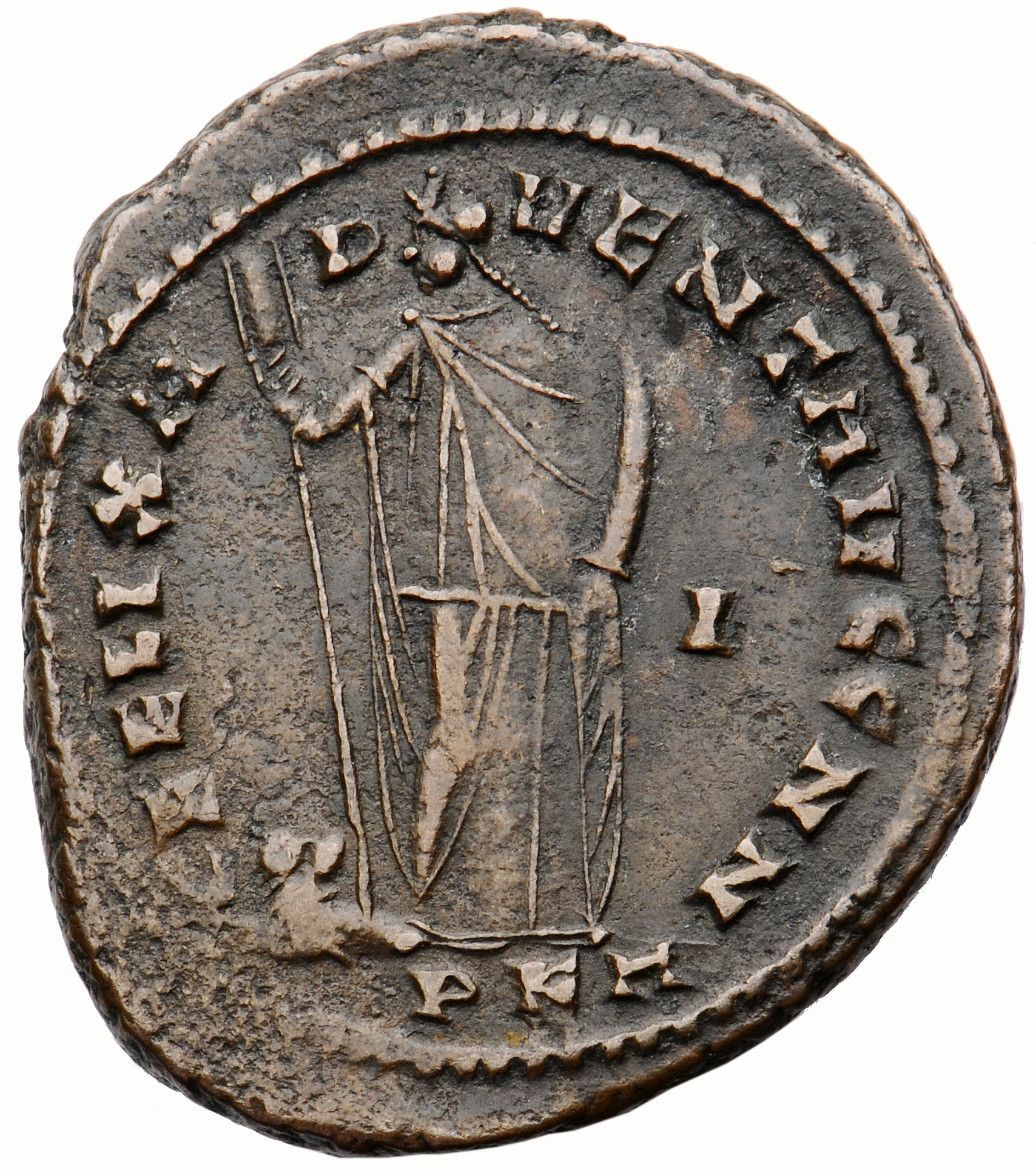 RIC VI Carthage 25a Maximian reverse, Africa, wearing elephant-skin head-dress, draped, standing front, head left, holding...