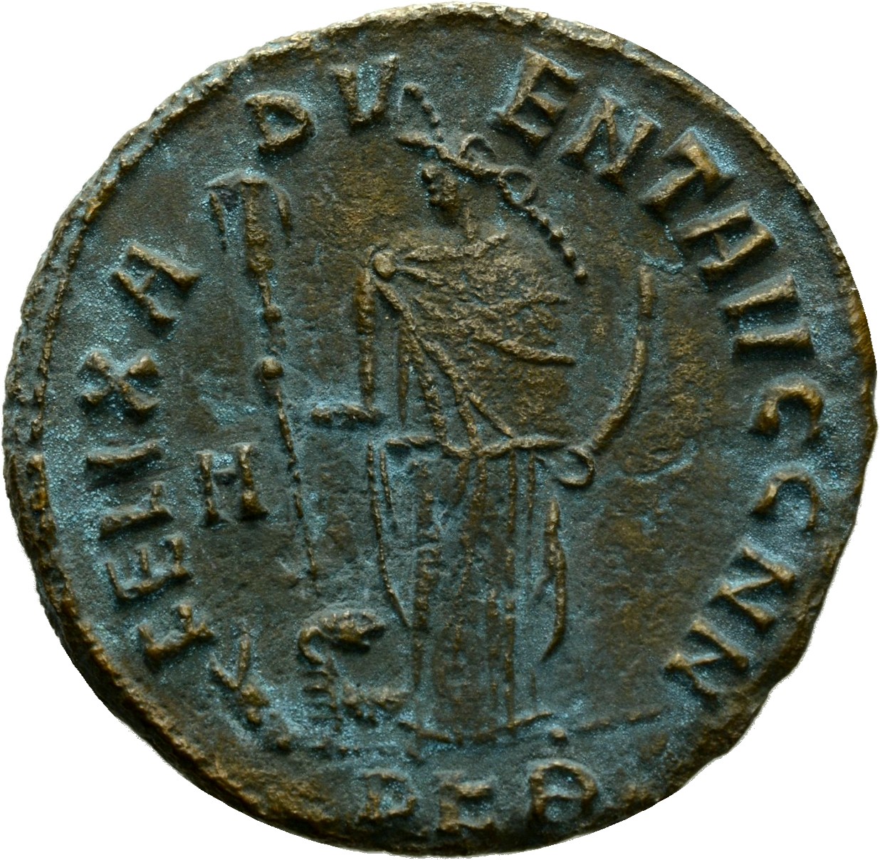 RIC VI Carthage 25b Maximian reverse, Africa, wearing elephant-skin head-dress, draped, standing front, head left, holding...