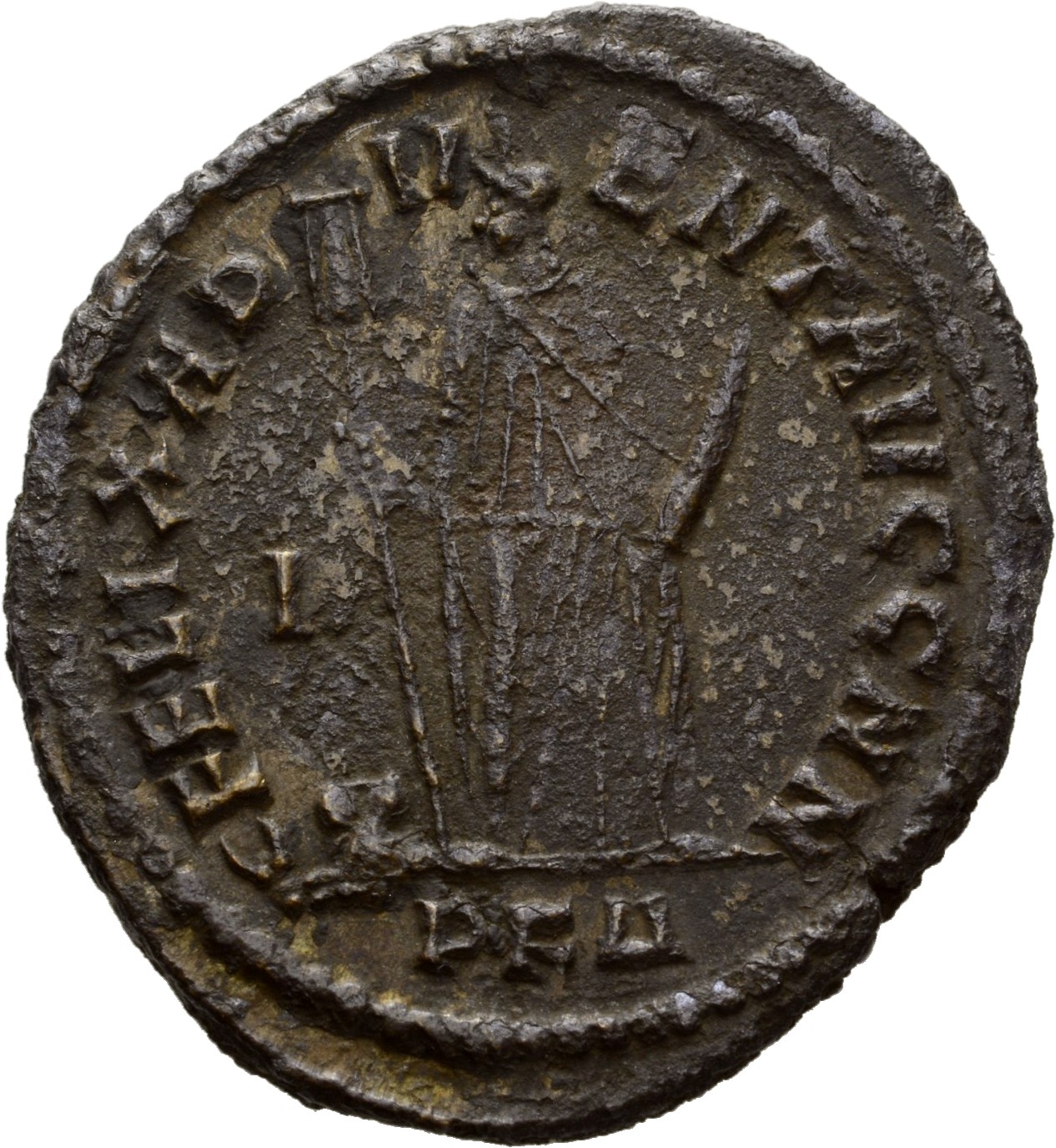 RIC VI Carthage 26b Maximian reverse, Africa, wearing elephant-skin head-dress, draped, standing front, head left, holding...