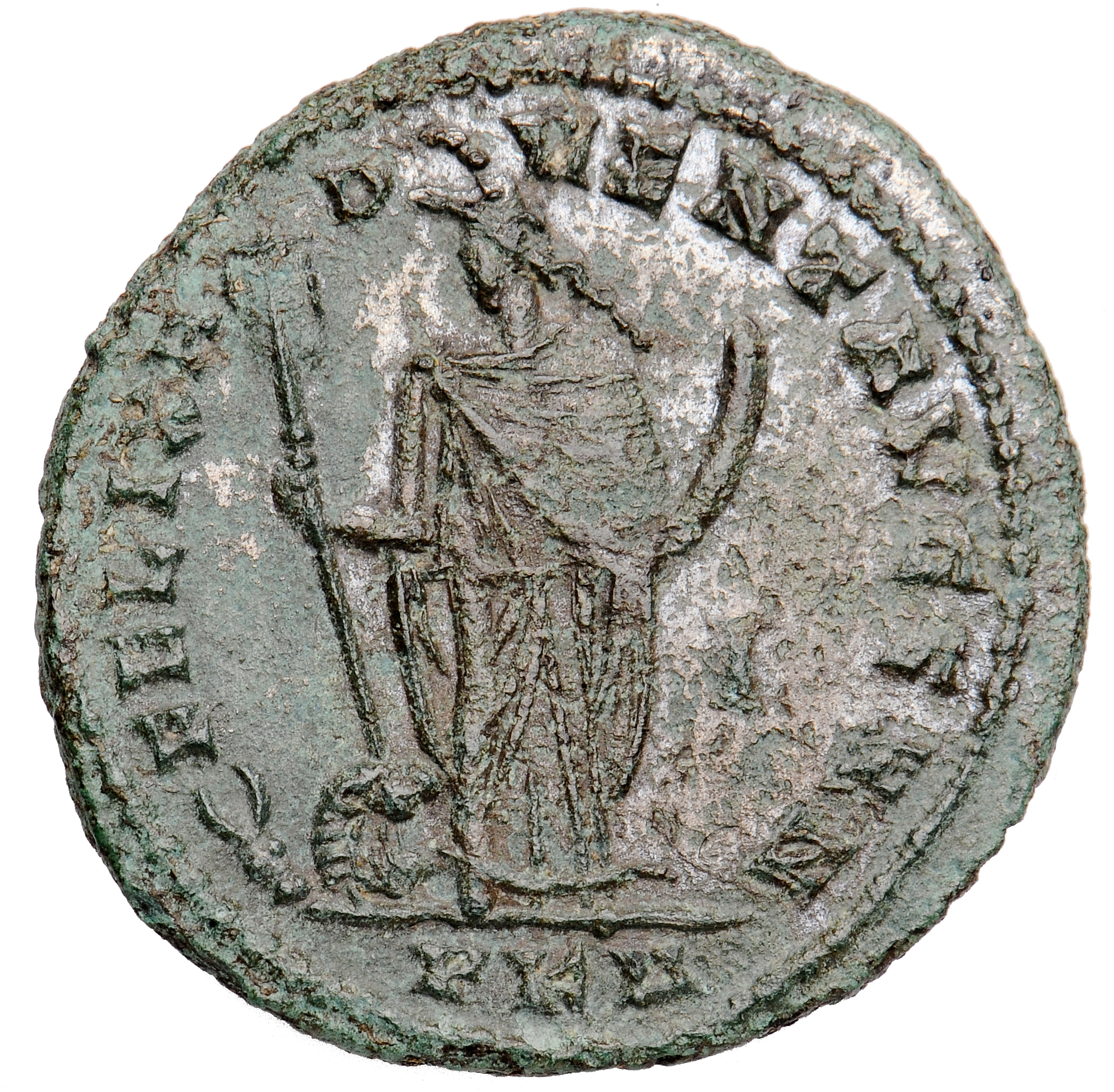 RIC VI Carthage 26b Maximian reverse — Africa, wearing elephant-skin head-dress, draped, standing front, head left, holdin...