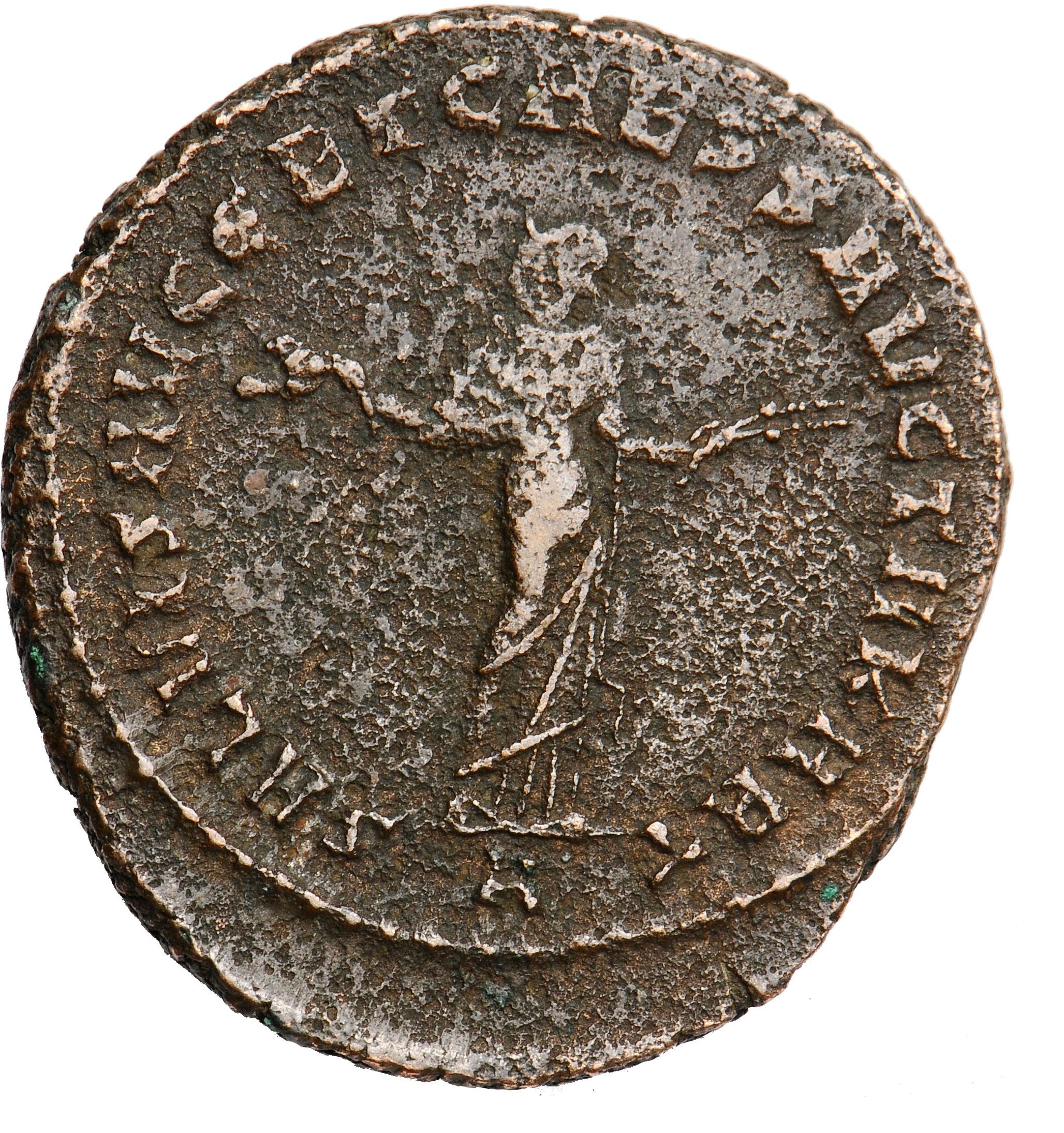 RIC VI Carthage 27a Maximian reverse, Carthage, wearing long robe, standing front, head left, holding fruits in both hands