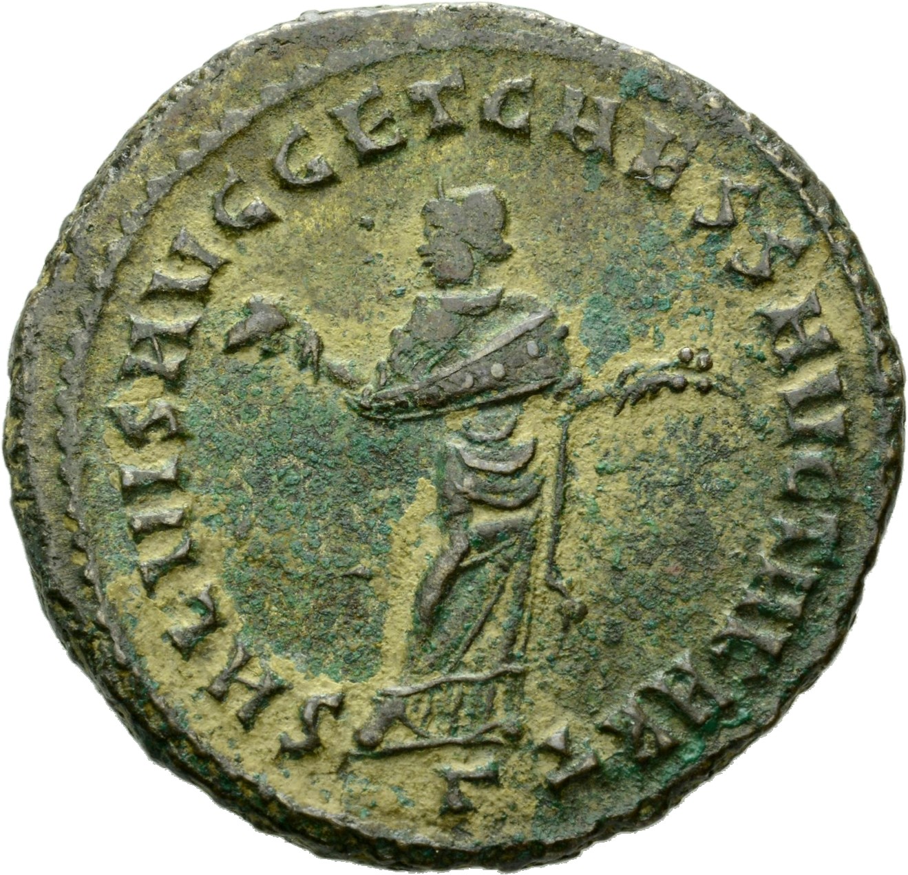 RIC VI Carthage 28a Maximian reverse, Carthage, wearing long robe, standing front, head left, holding fruits in both hands