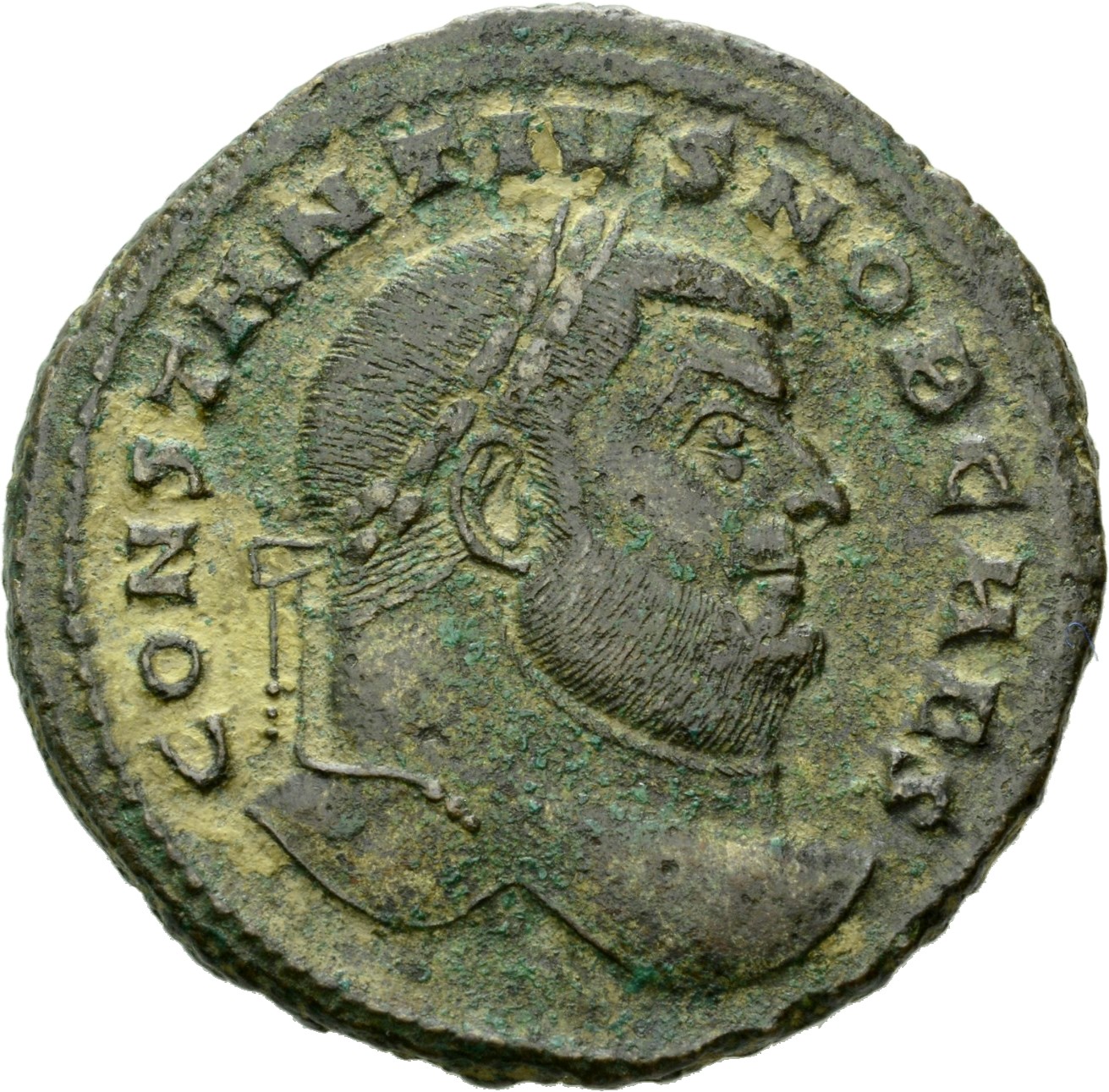 RIC VI Carthage 28a Maximian obverse, Head of Constantius Chlorus, laureate, right