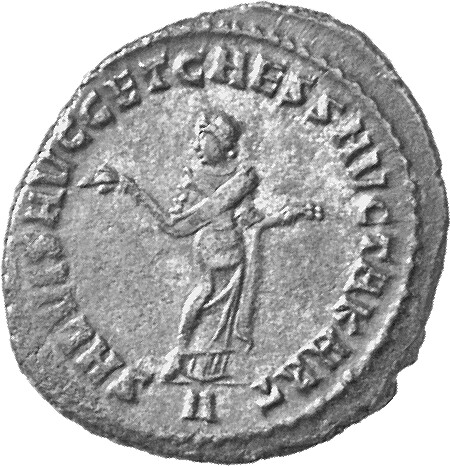 RIC VI Carthage 28b Maximian reverse, Carthage, wearing long robe, standing front, head left, holding fruits in both hands
