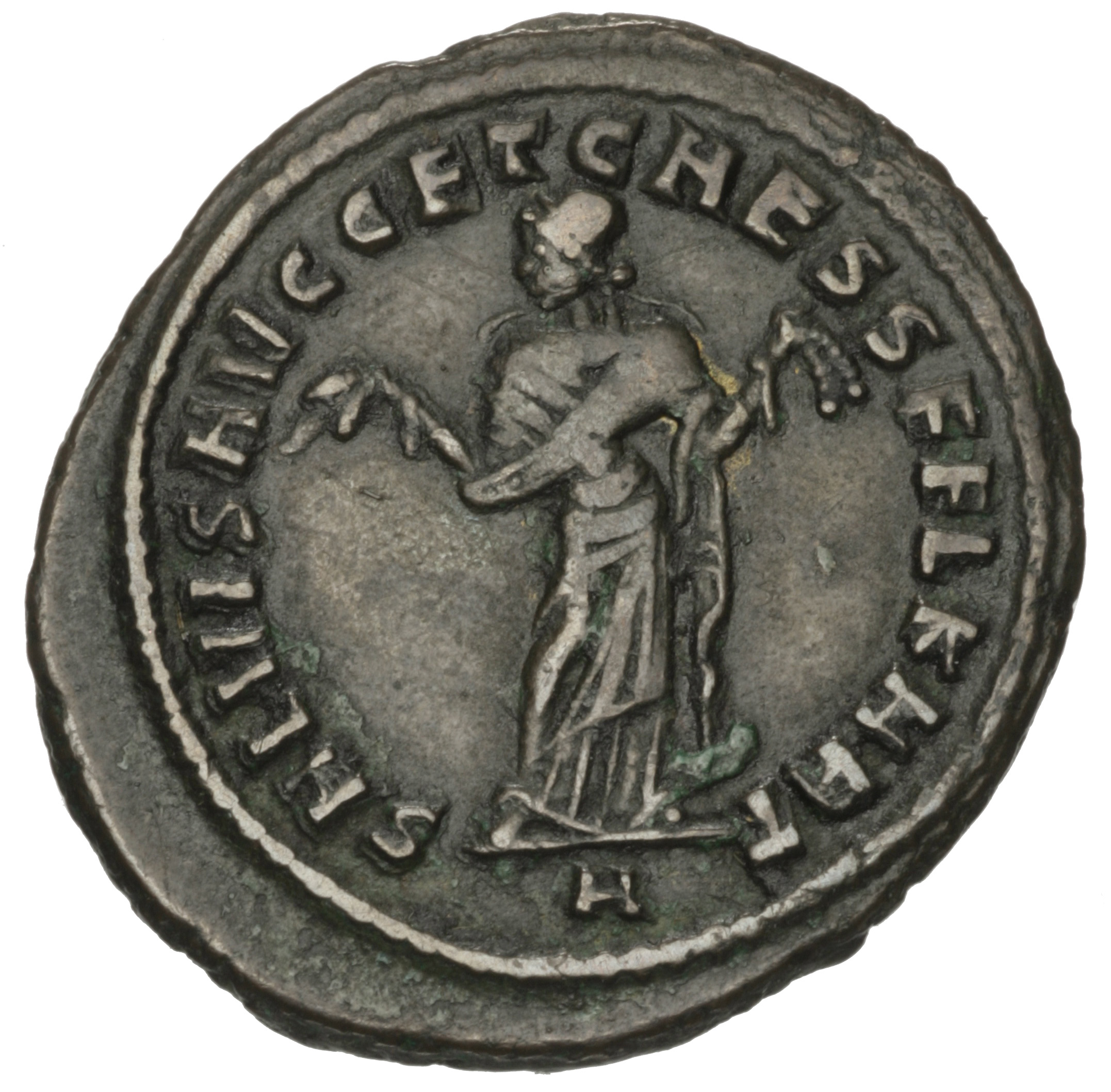 RIC VI Carthage 29a Maximian reverse, Carthage, wearing long robe, standing front, head left, holding fruits in both hands