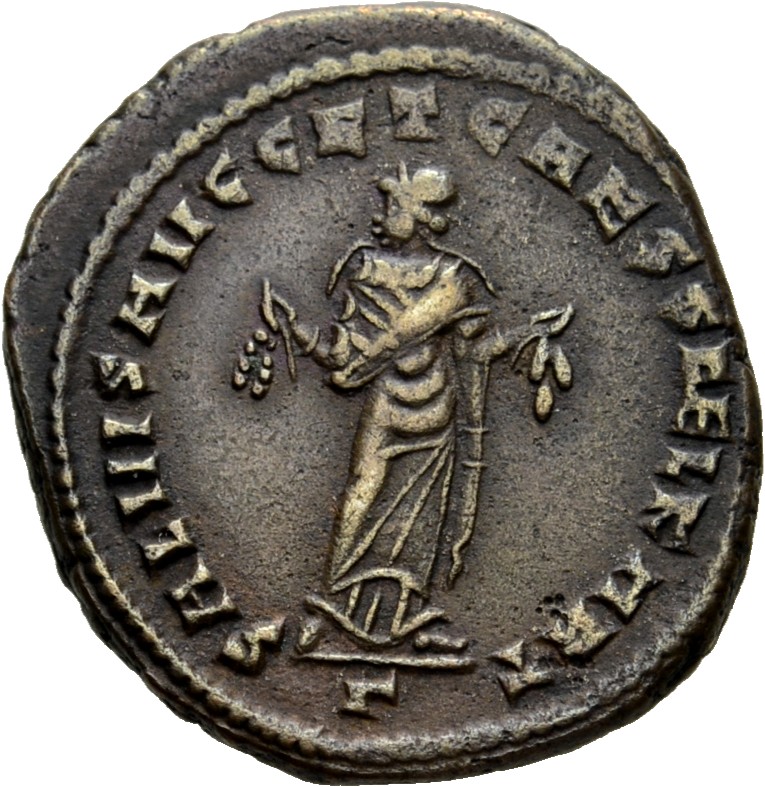 RIC VI Carthage 30a Maximian reverse, Carthage, wearing long robe, standing front, head left, holding fruits in both hands