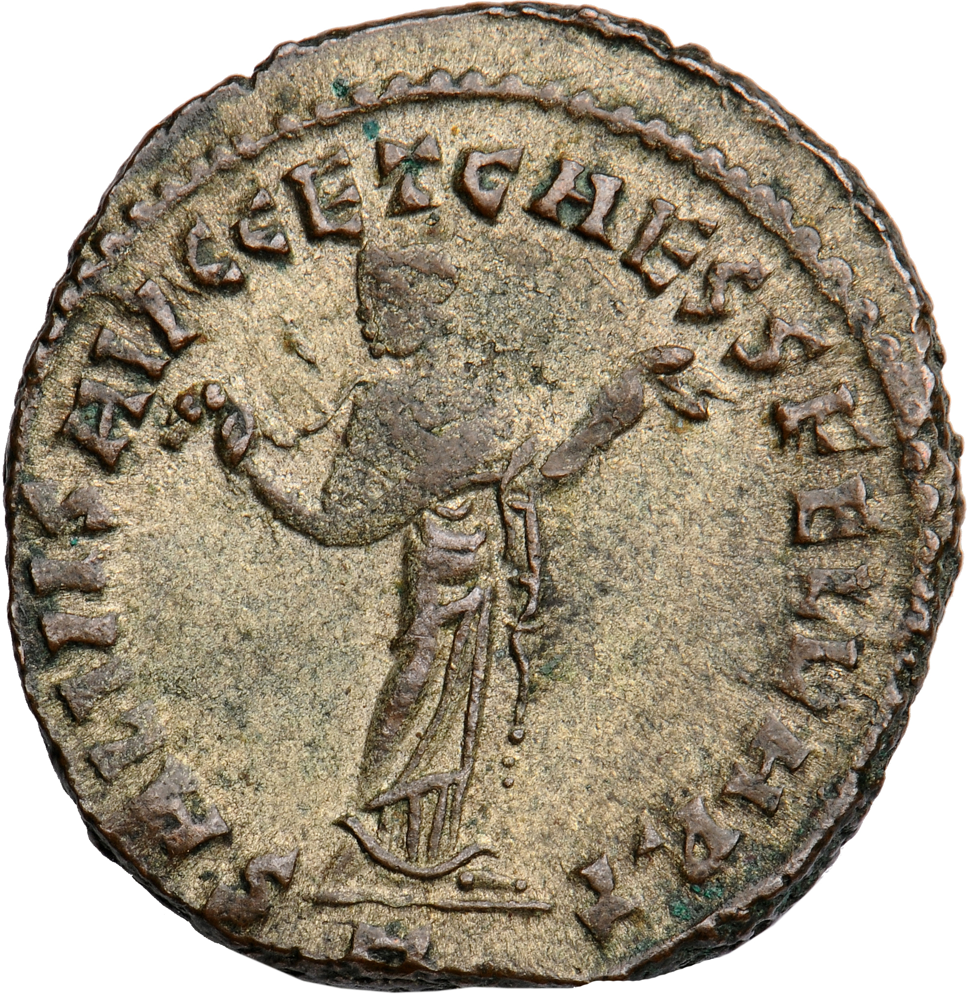 RIC VI Carthage 31a Maximian reverse, Carthage, wearing long robe, standing front, head left, holding fruits in both hands